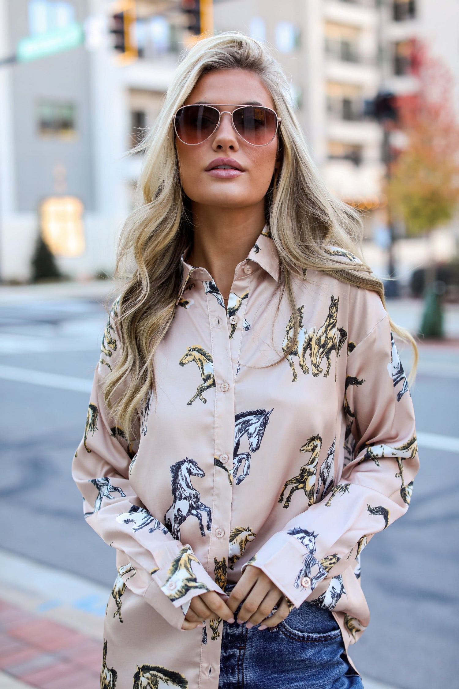 satin Blush Horse Button-Up Blouse