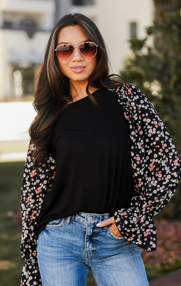 Black Floral Sleeve Blouse