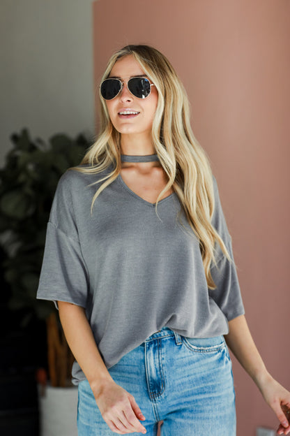 cute Grey Ribbed Cutout Tee