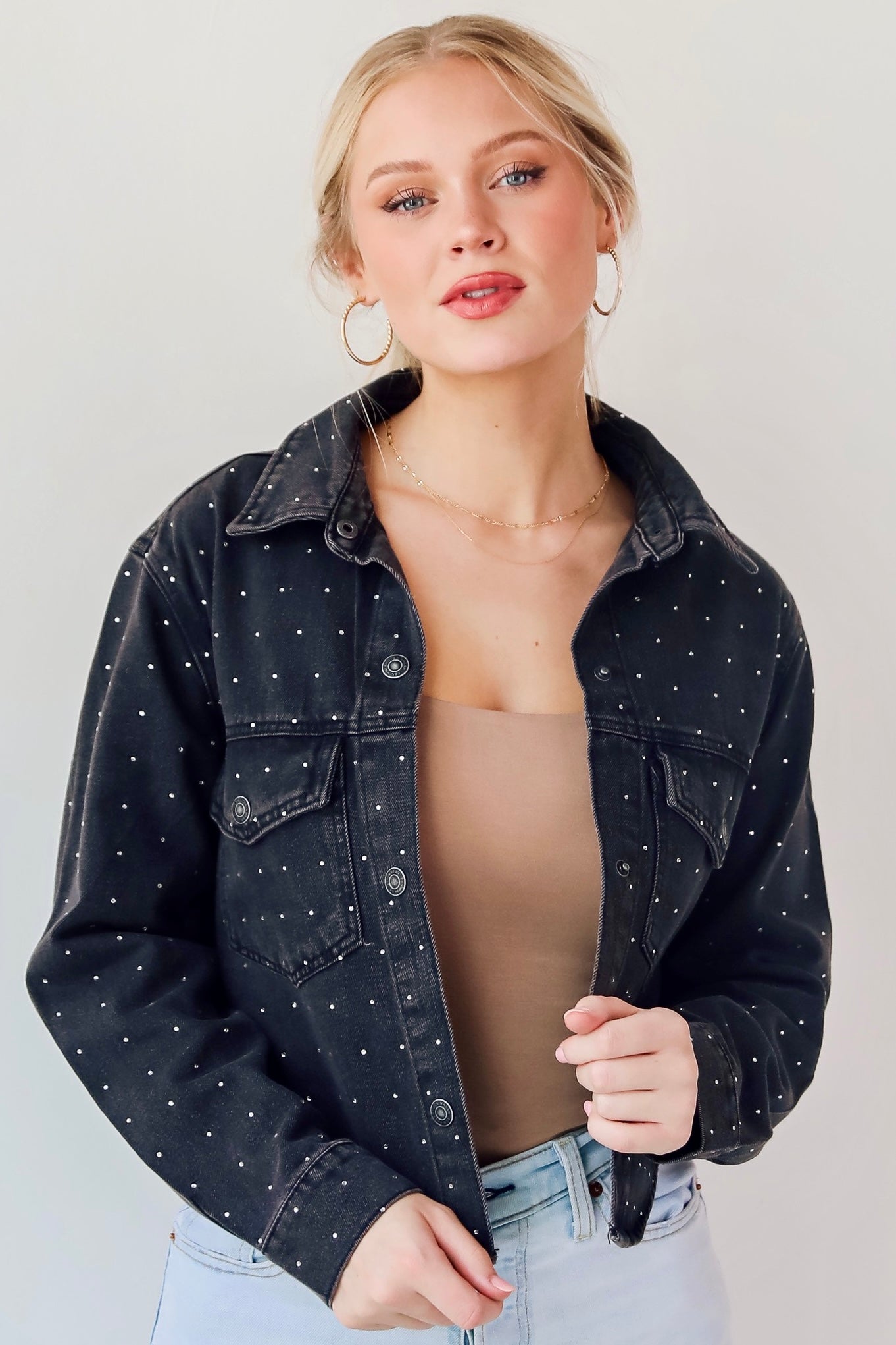 Dazzling Stunner Black Rhinestone Cropped Denim Jacket