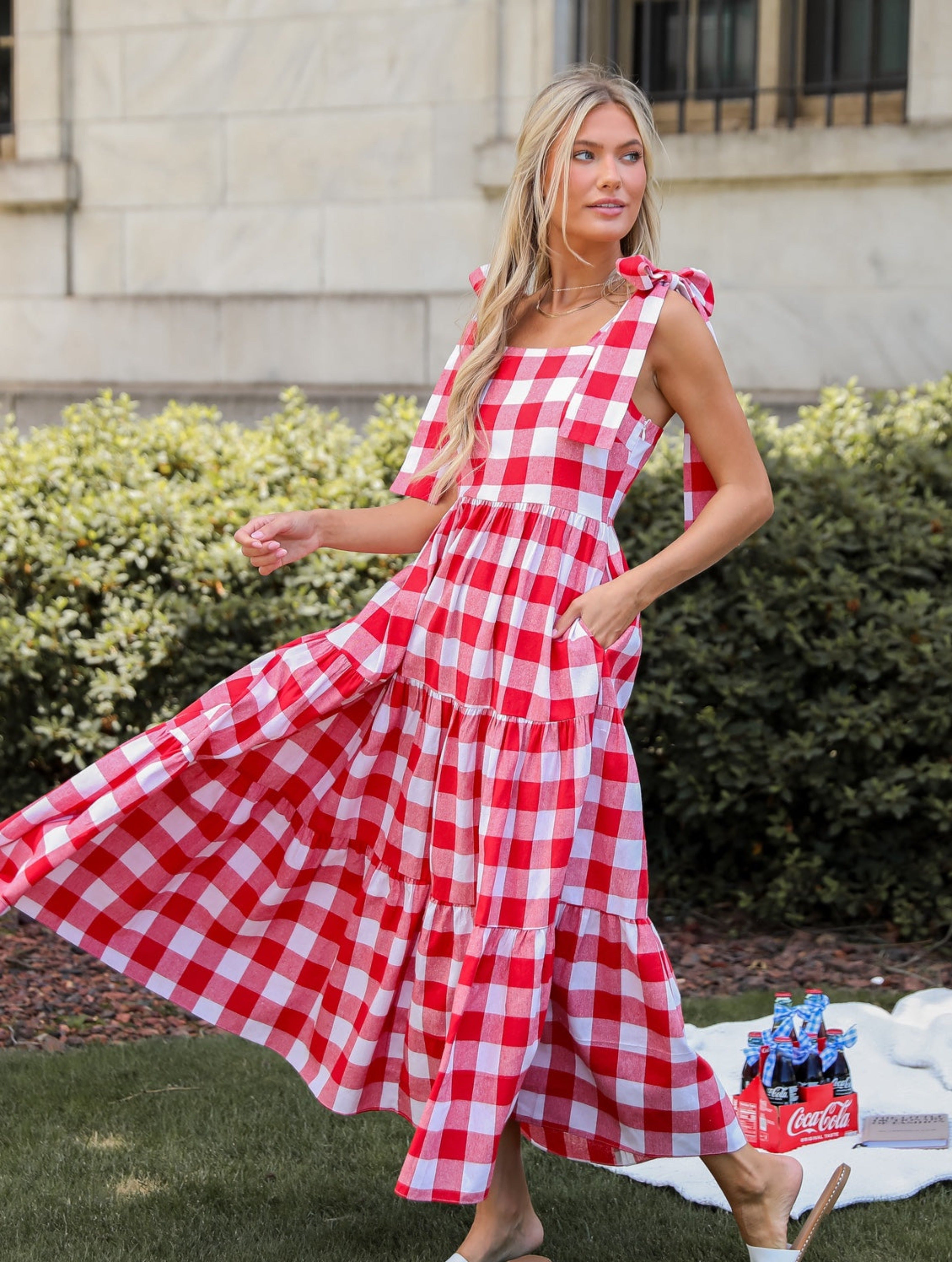 Red Gingham Tiered Maxi Dress