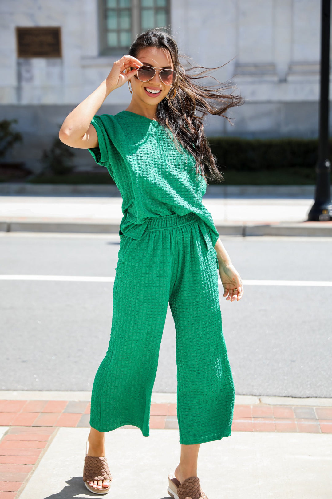 green Textured Wide Leg Pants