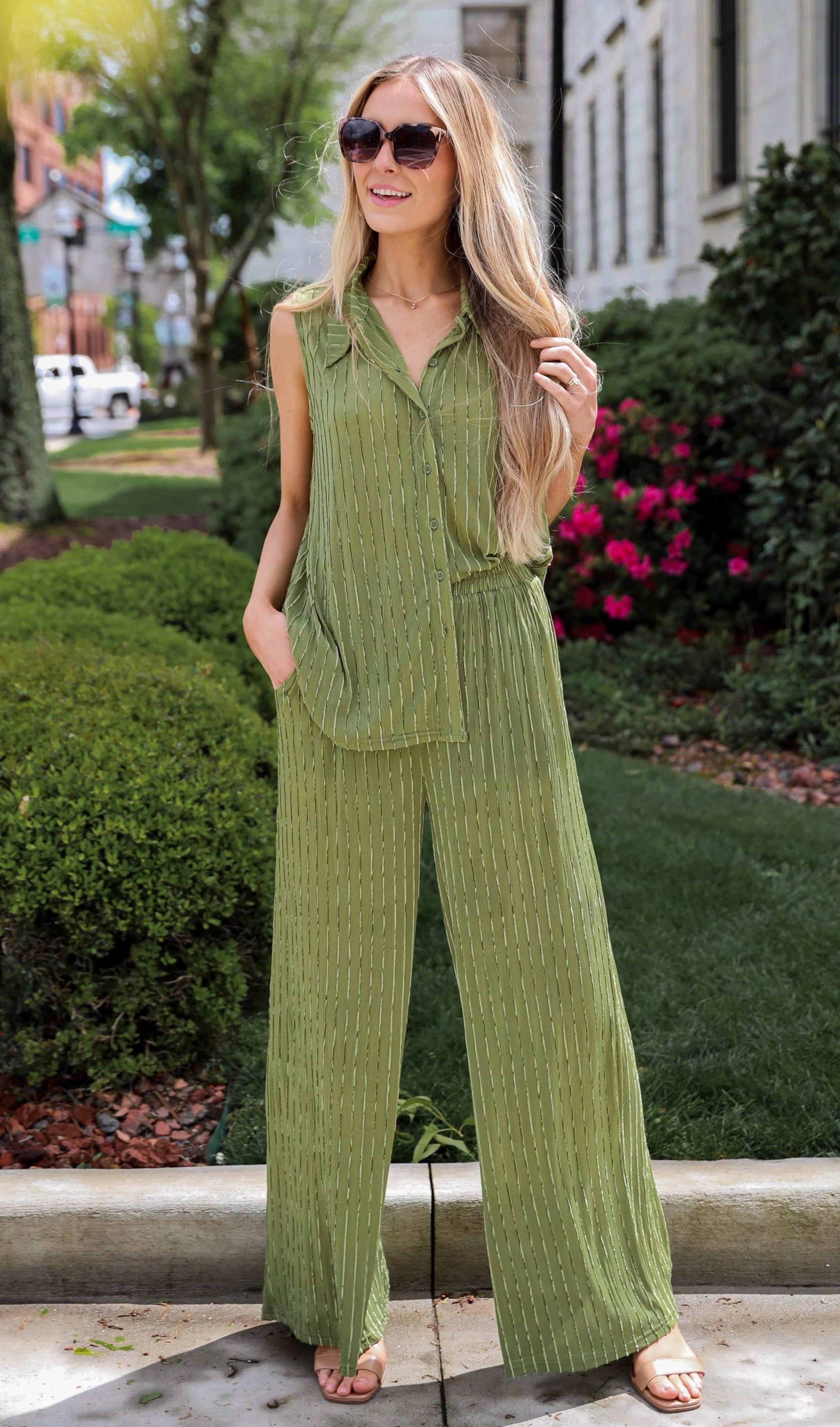 cute Green Velvet Stripe Pants