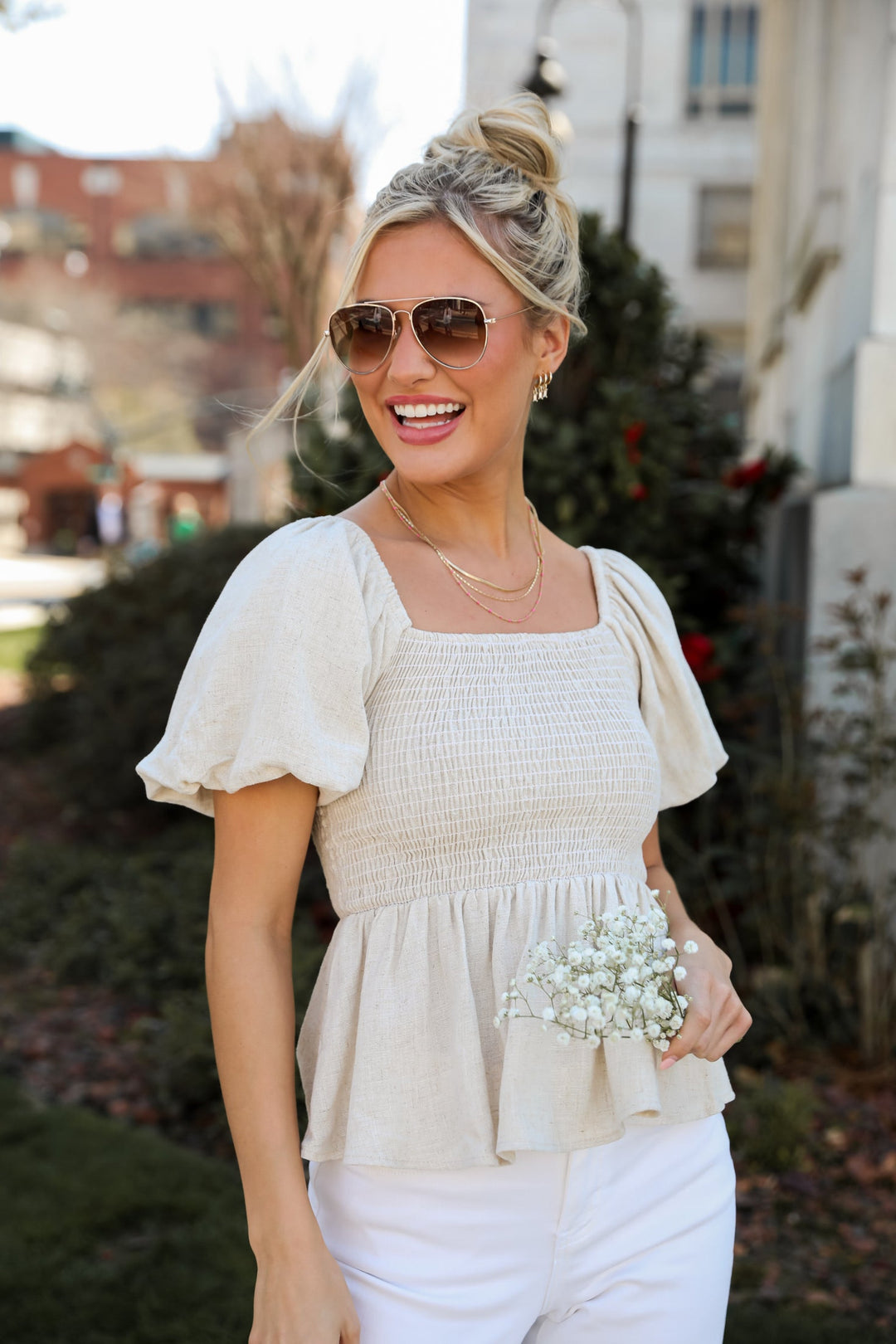 Linen Smocked Peplum Blouse