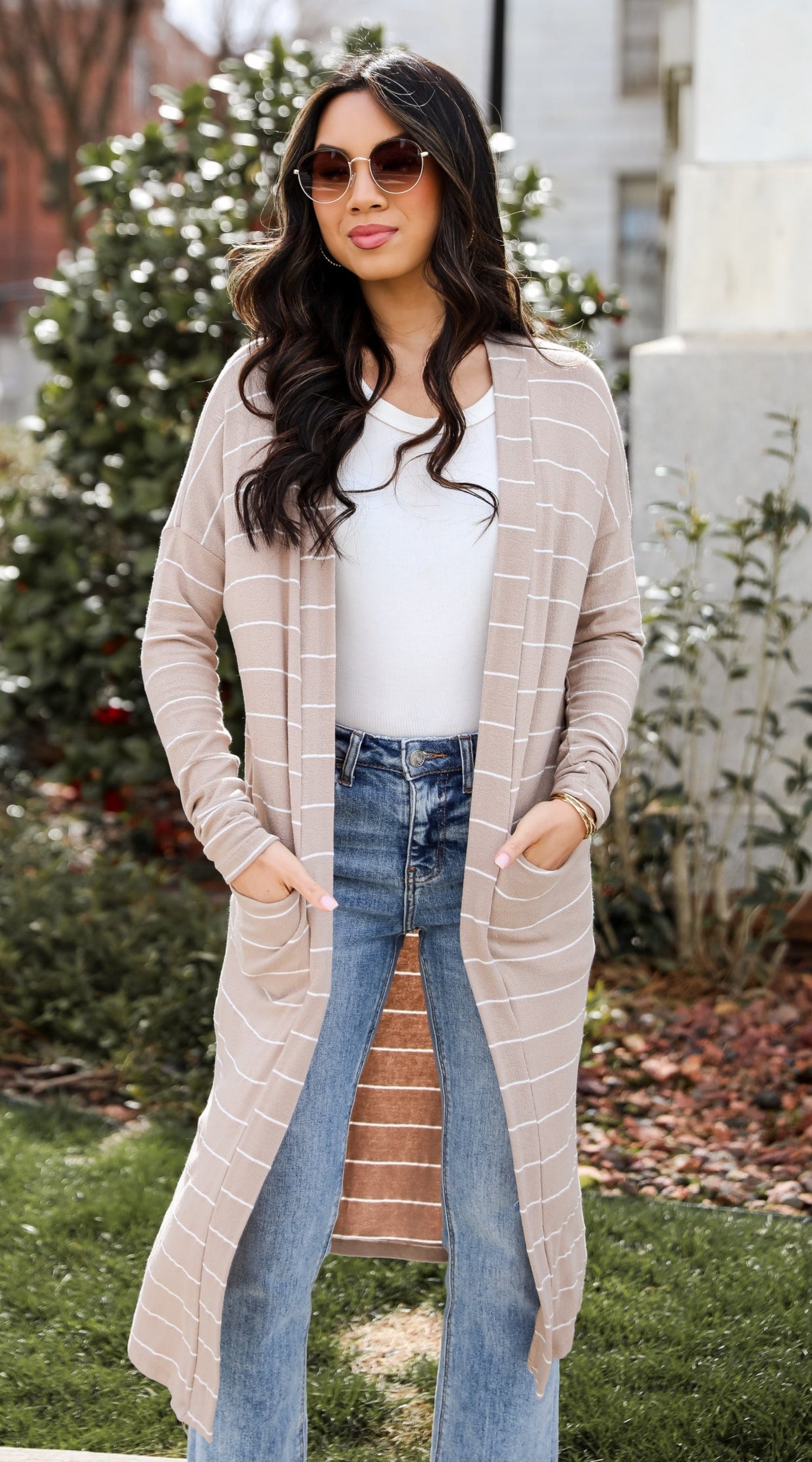 taupe Striped Longline Lightweight Knit Cardigan