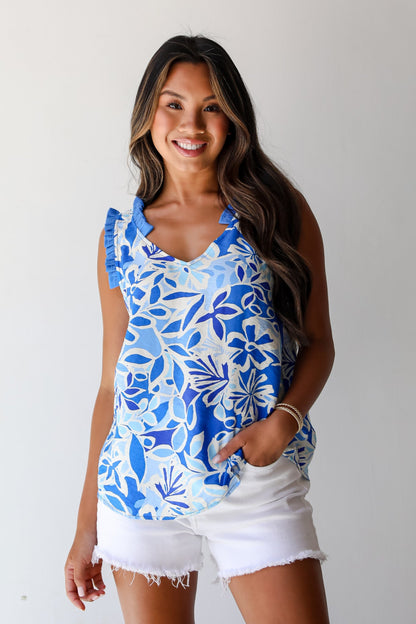 Immense Cuteness Blue Floral Sleeveless Blouse