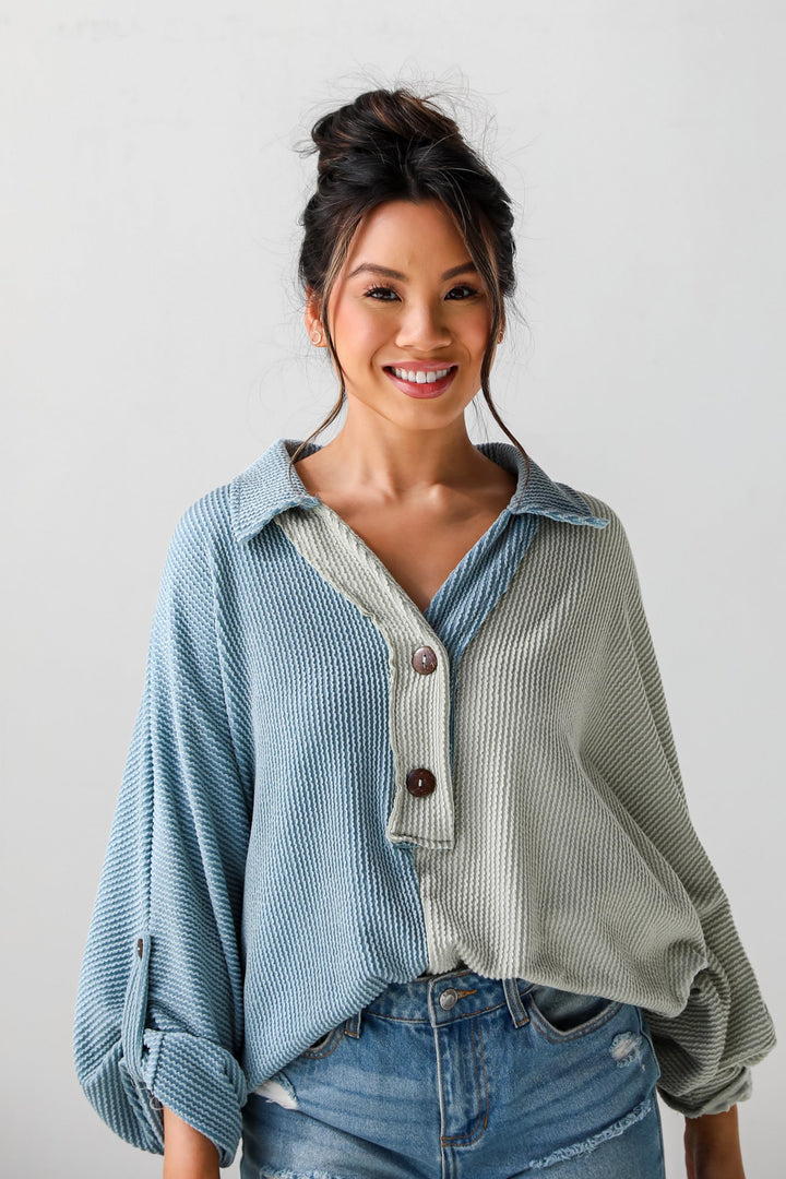 cute sage Corded Color Block Oversized Henley Top