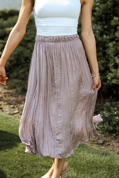 Taupe Satin Midi Skirt