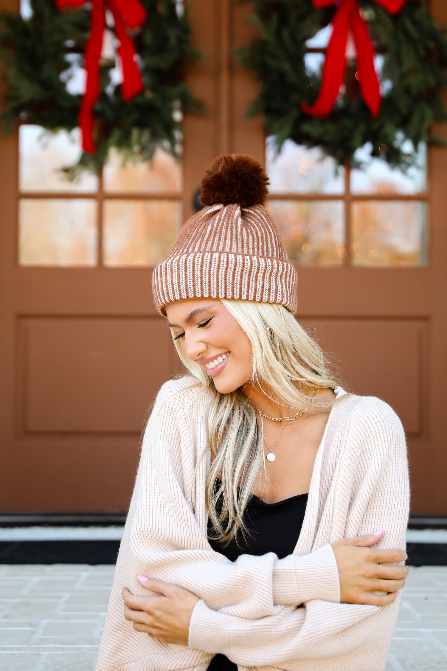 Exceptionally Cozy Brown Ribbed Pom Pom Beanie