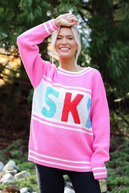 Found The Warmth Pink Ski Varsity Sweater