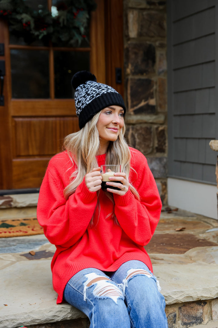 black Leopard Pom Pom Beanie front view