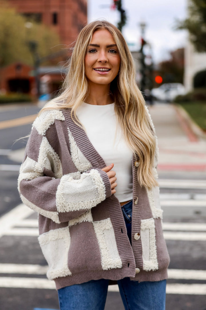 Wanna Be Close Mocha Checkered Sweater Cardigan