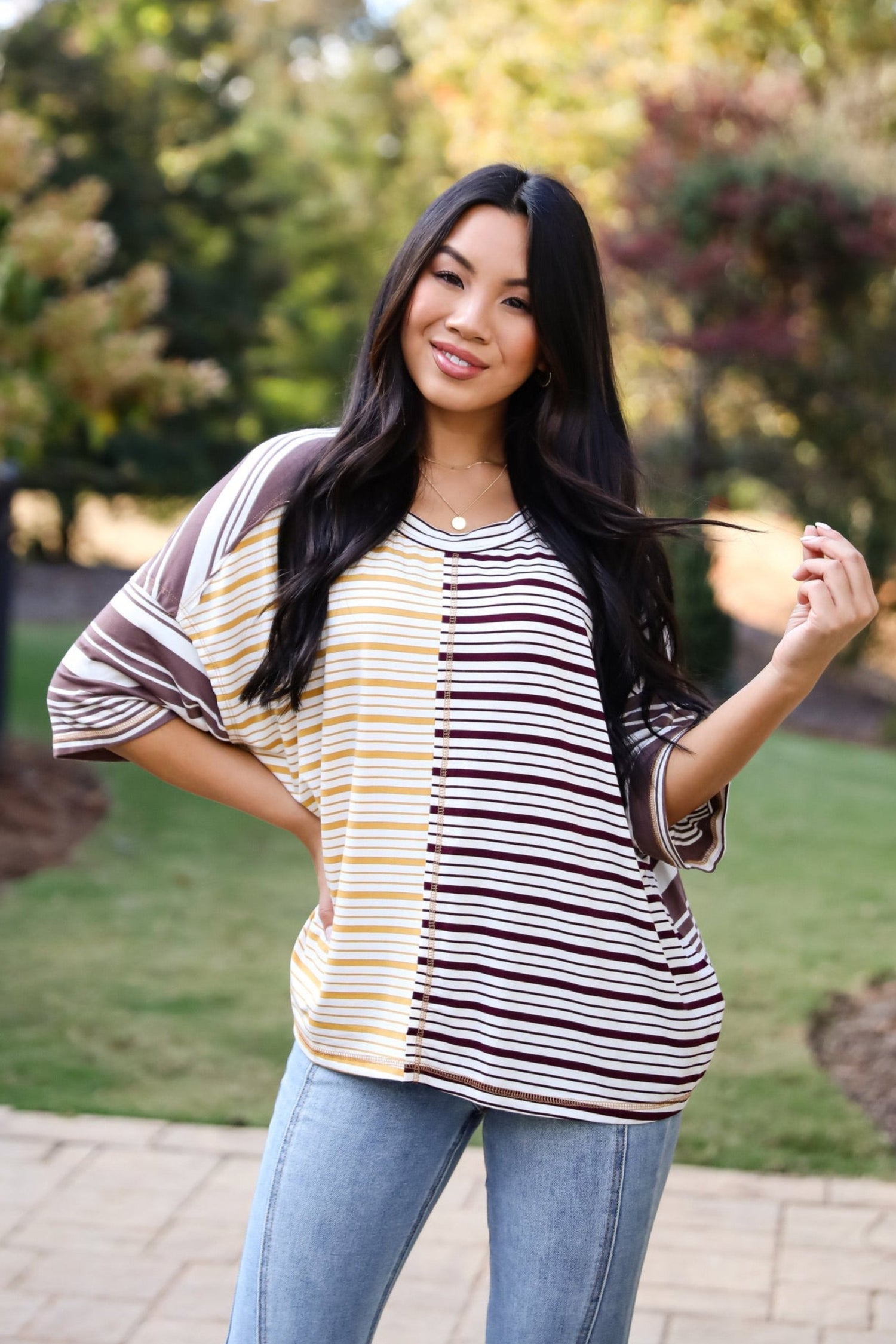 Seriously Comfy Mocha Striped Color Block Top