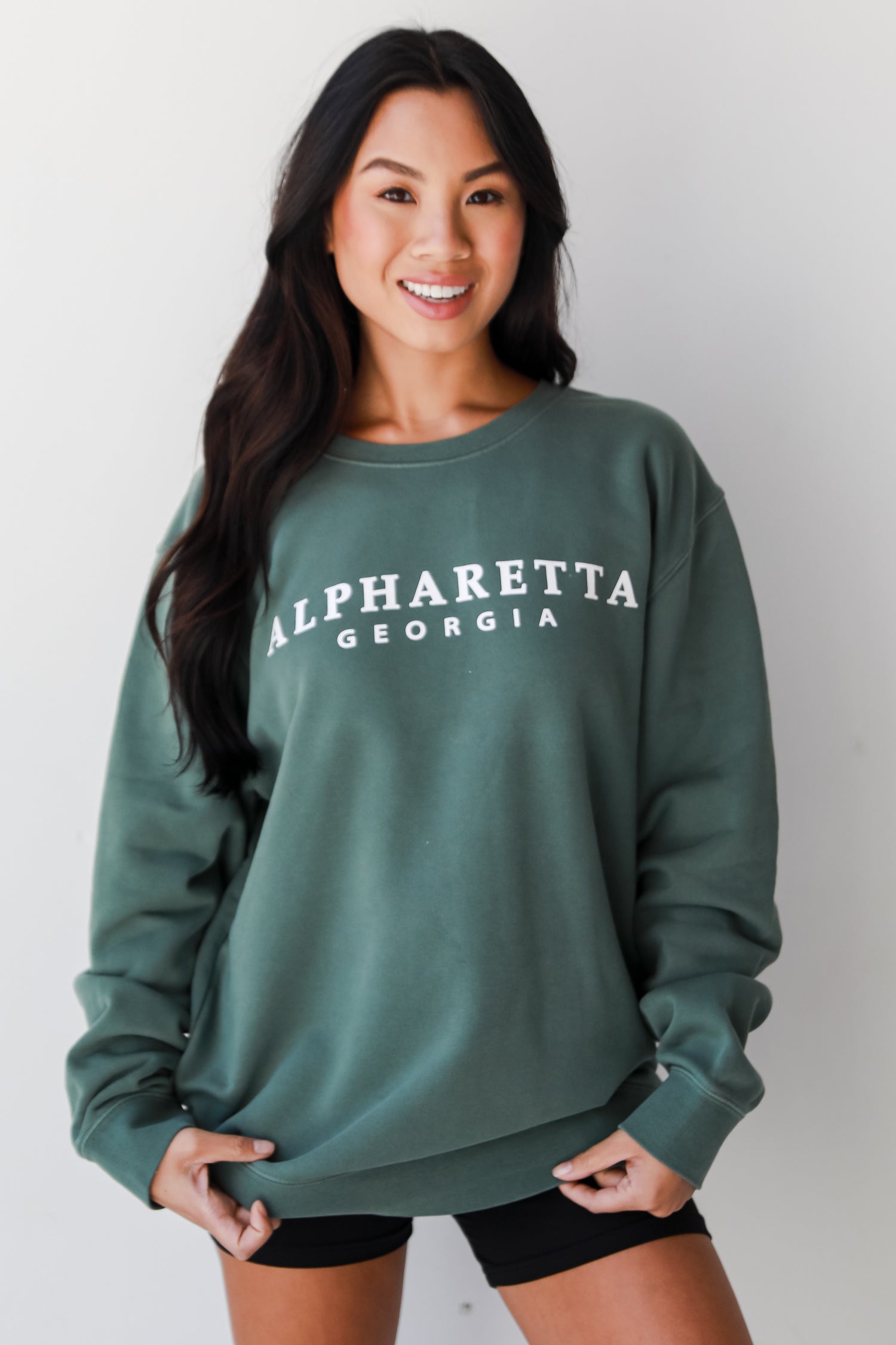 green Alpharetta Georgia Pullover on model