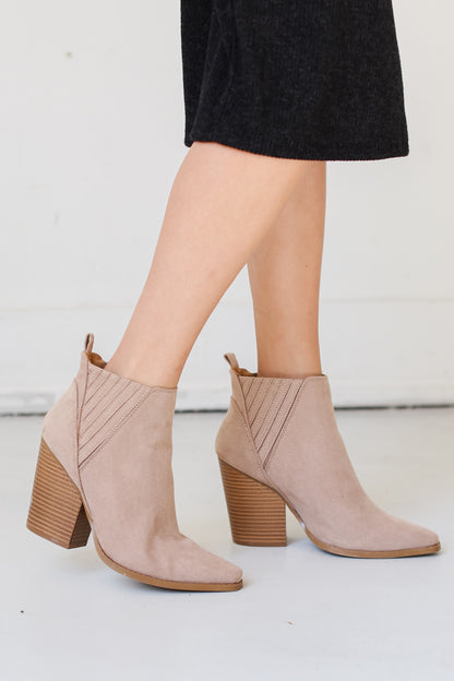 taupe suede Booties side view on model