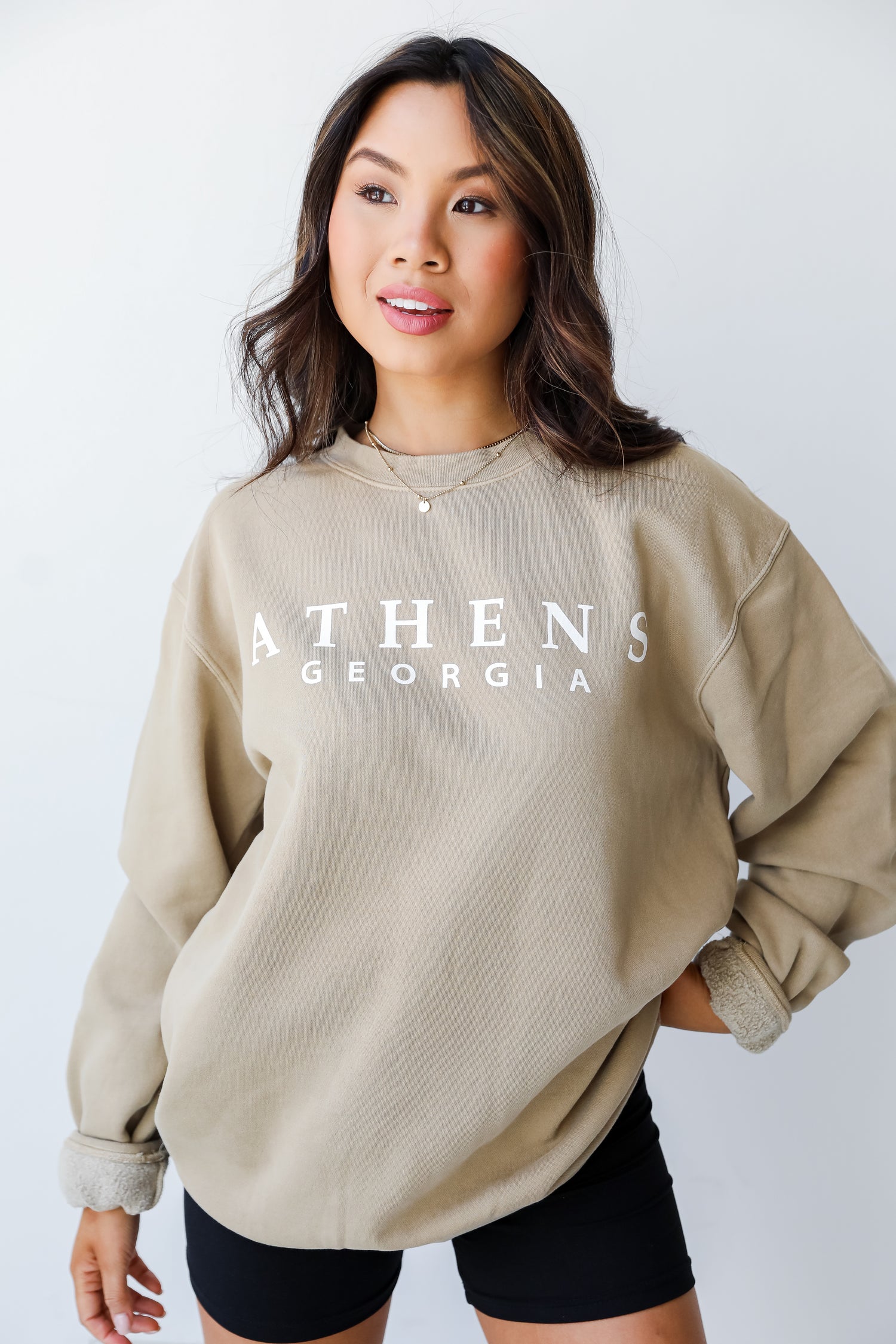 Tan Athens Georgia Pullover on model