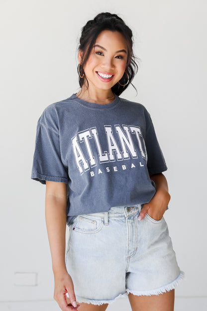 Denim Atlanta Baseball Block Letter Tee on model