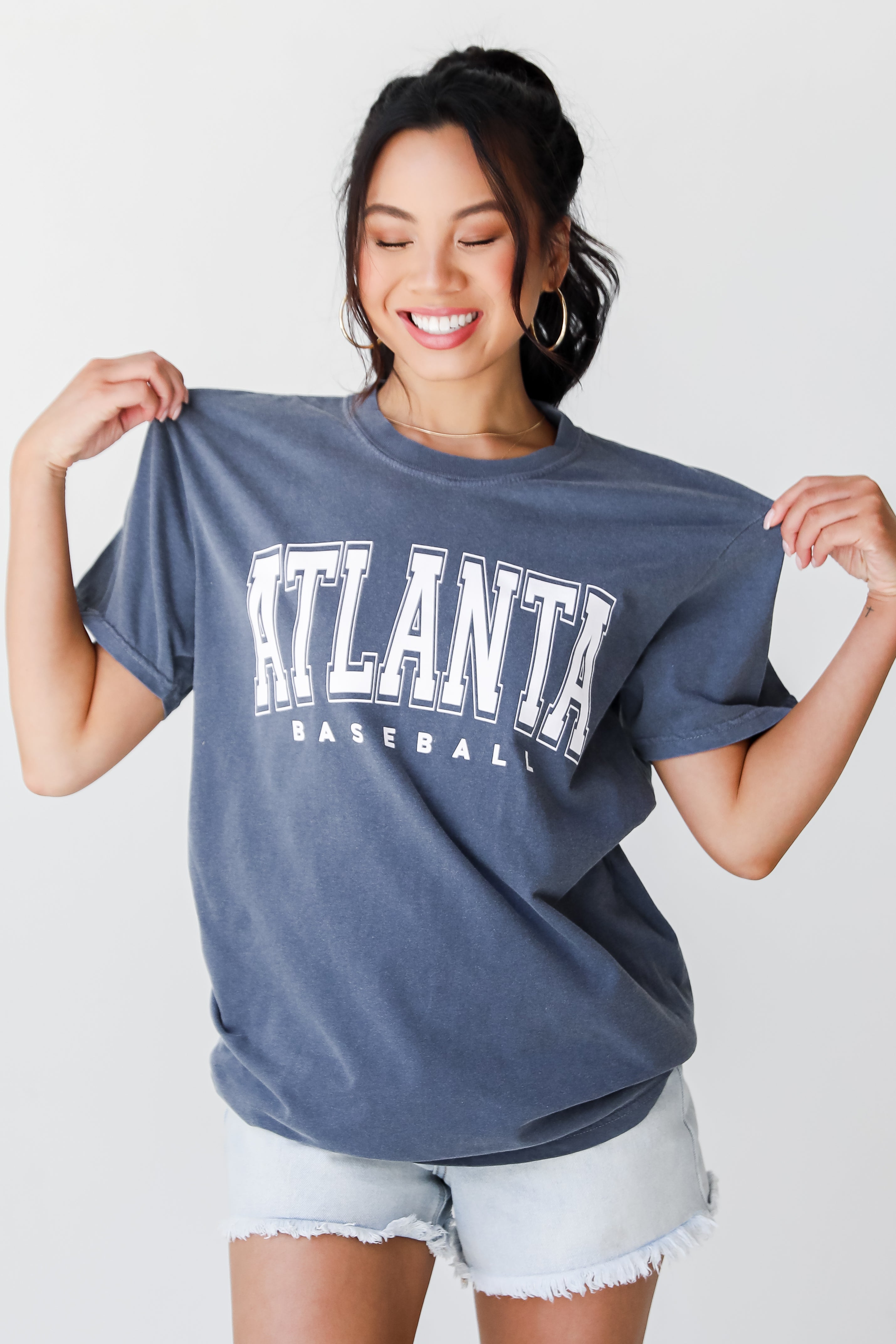 Denim Atlanta Baseball Block Letter Tee front view