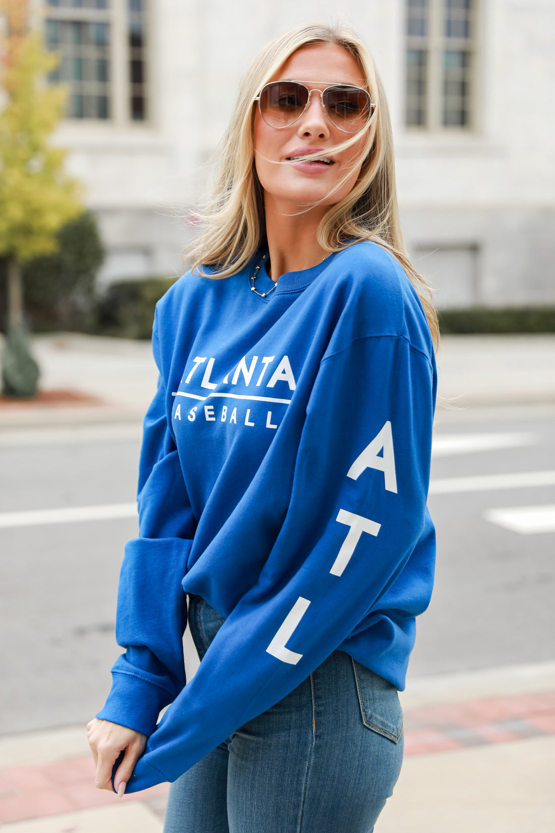 Royal Blue Atlanta Baseball Pullover on model