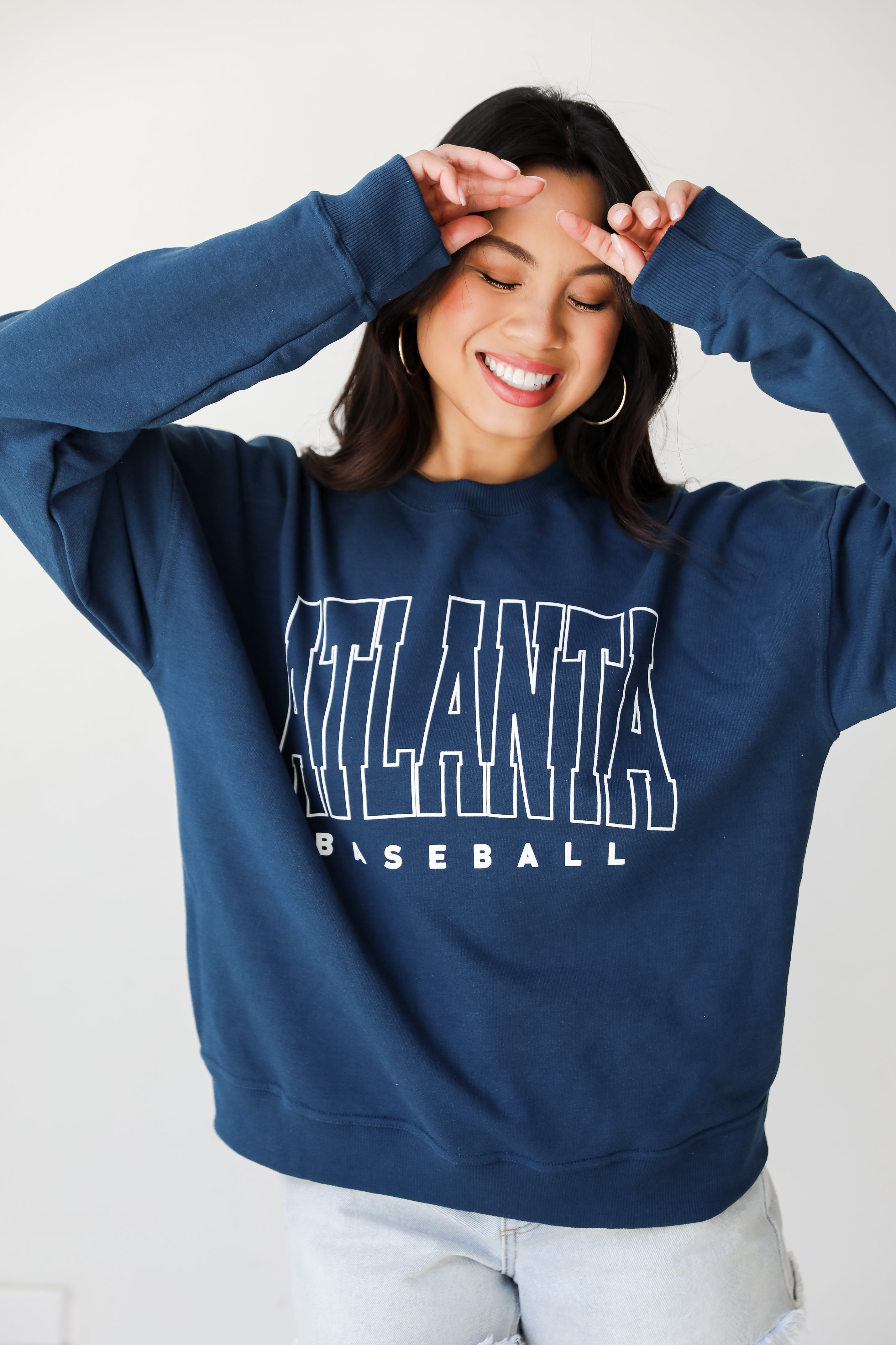 Navy Atlanta Baseball Block Letter Pullover on model