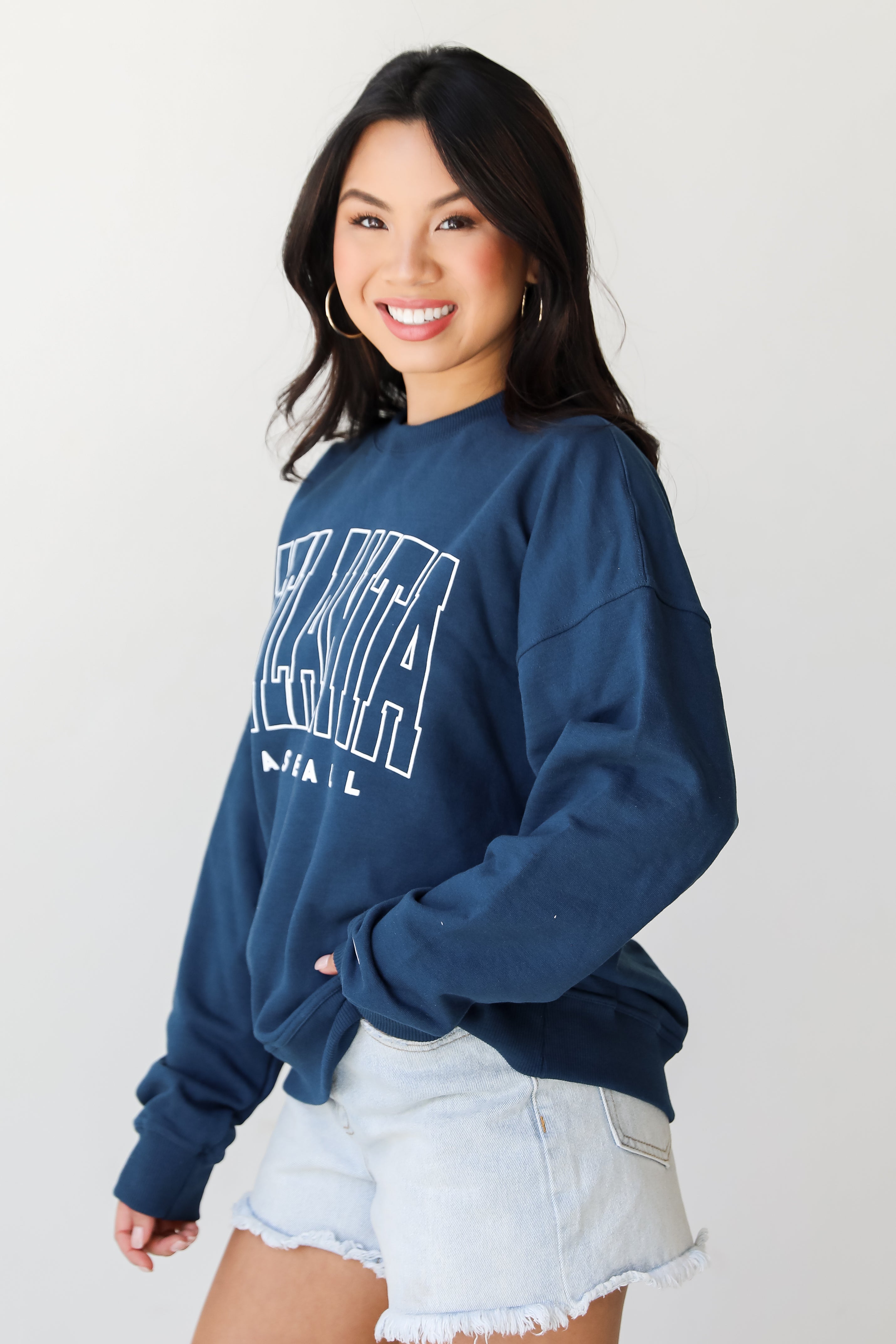 Navy Atlanta Baseball Block Letter Pullover side view