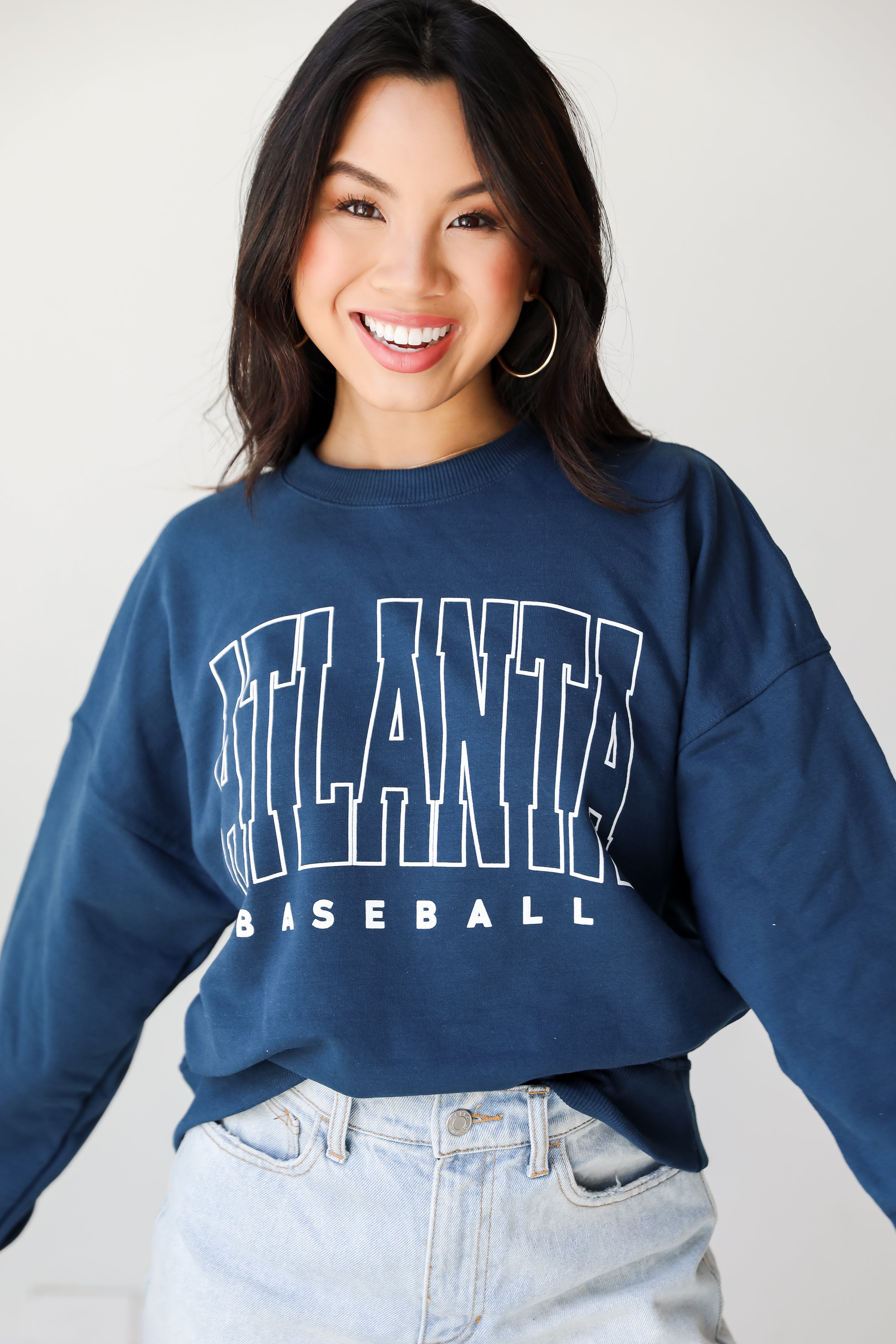 Navy Atlanta Baseball Block Letter Pullover front view