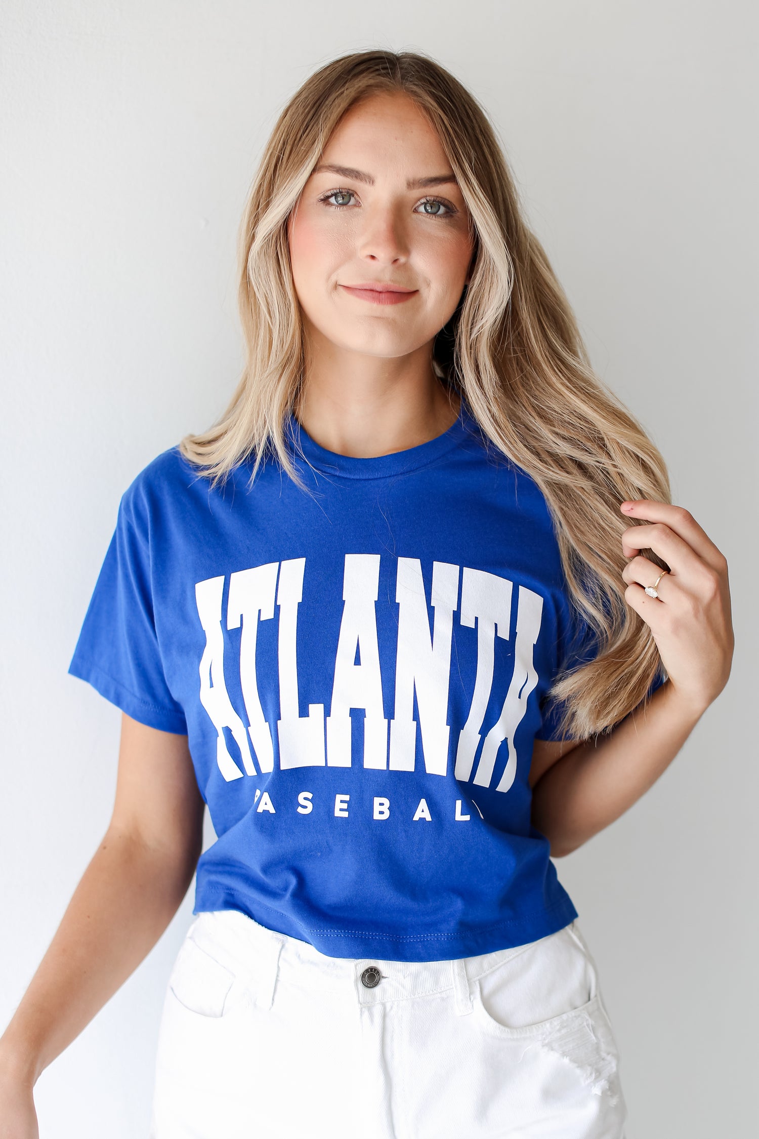 Royal Blue Atlanta Baseball Cropped Tee front view