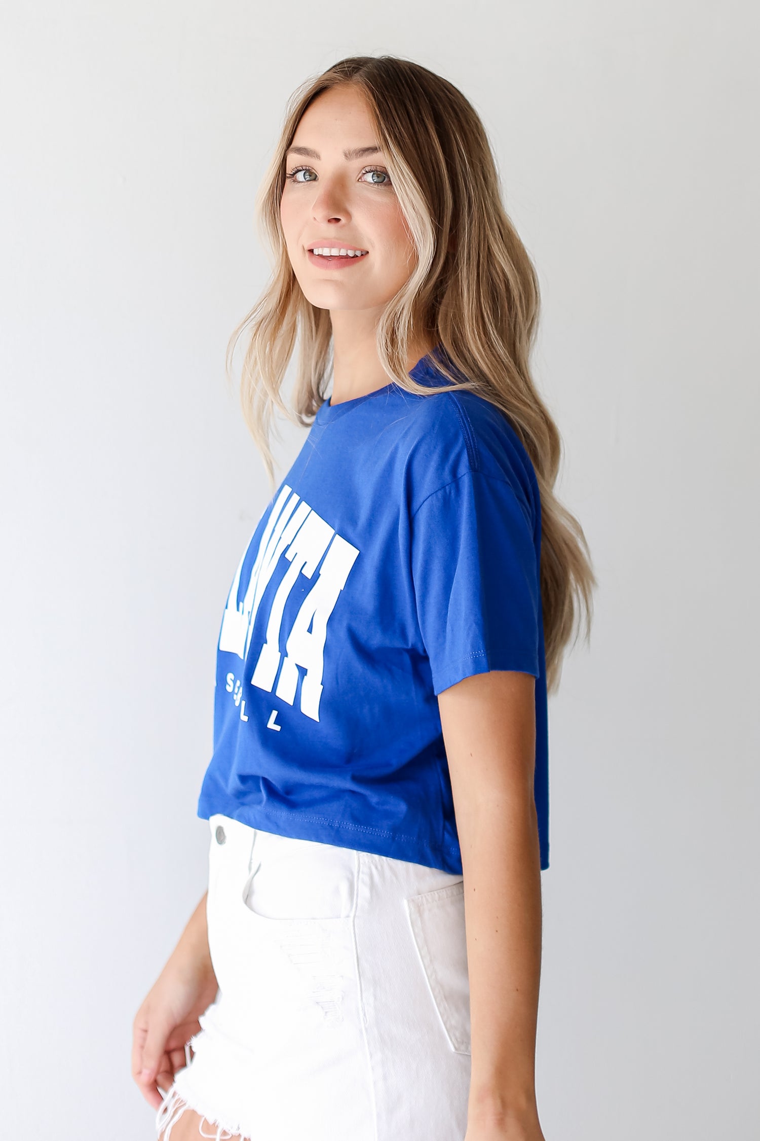 Royal Blue Atlanta Baseball Cropped Tee side view