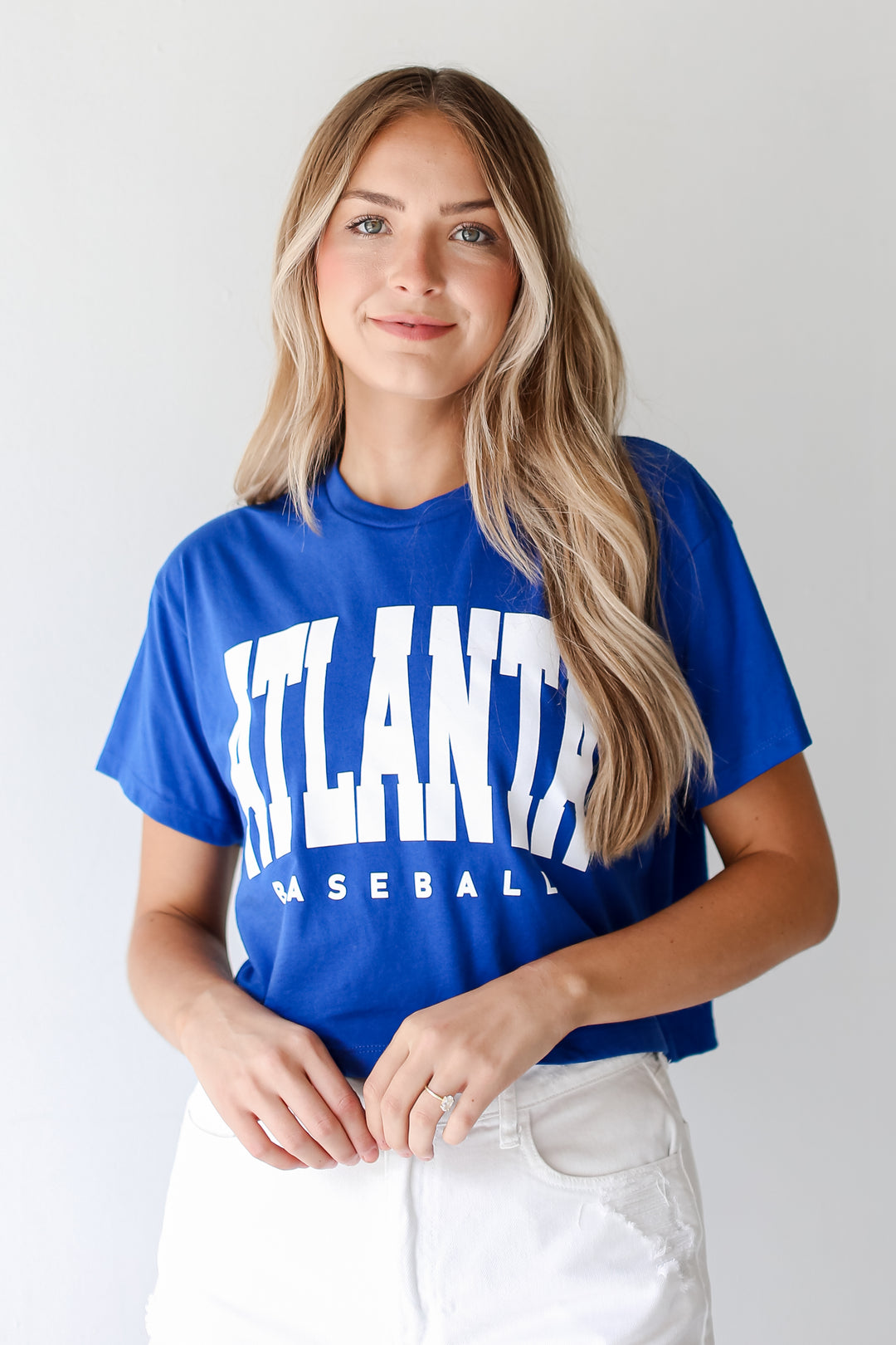 Royal Blue Atlanta Baseball Cropped Tee close up