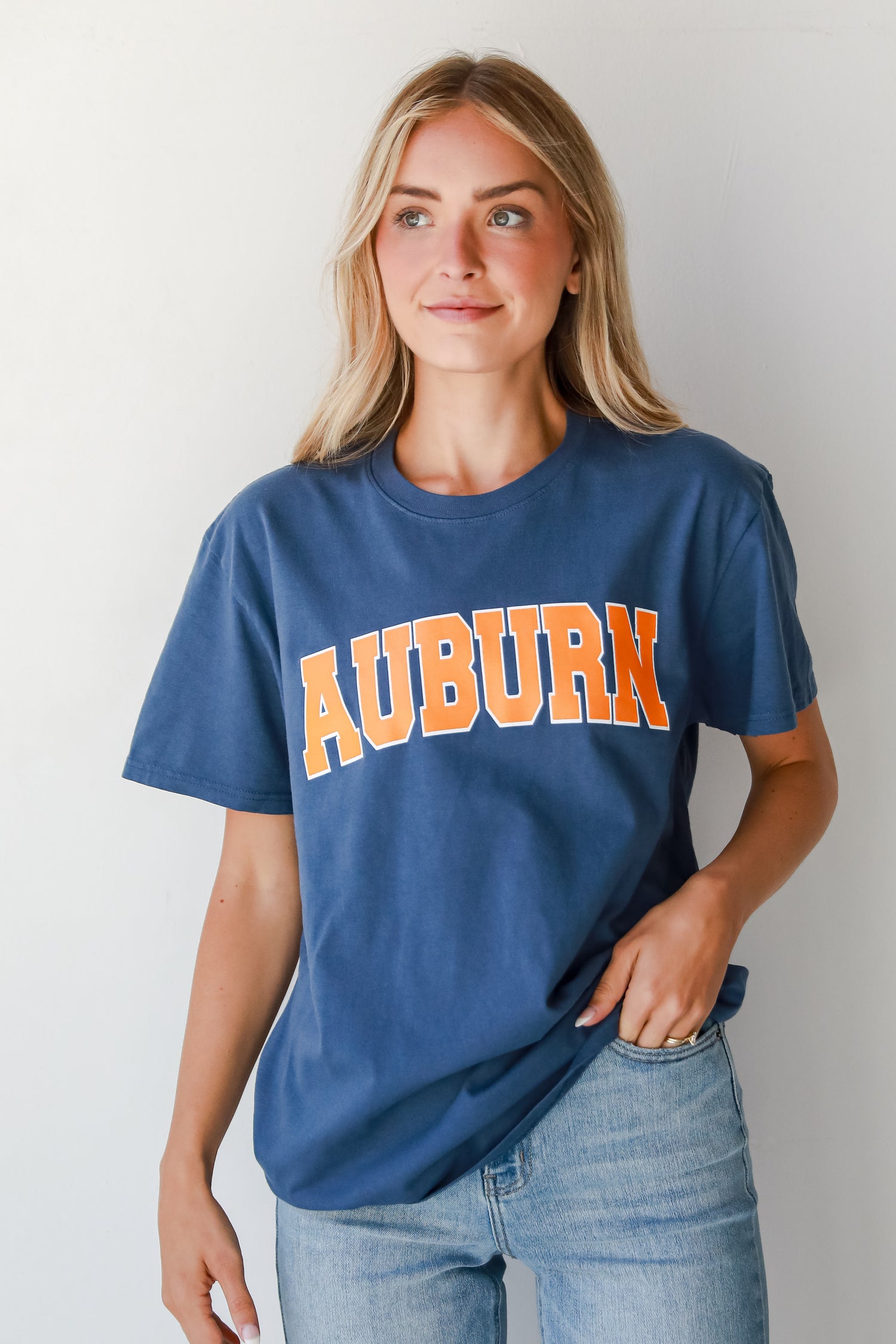 Navy Auburn Tee on dress up model