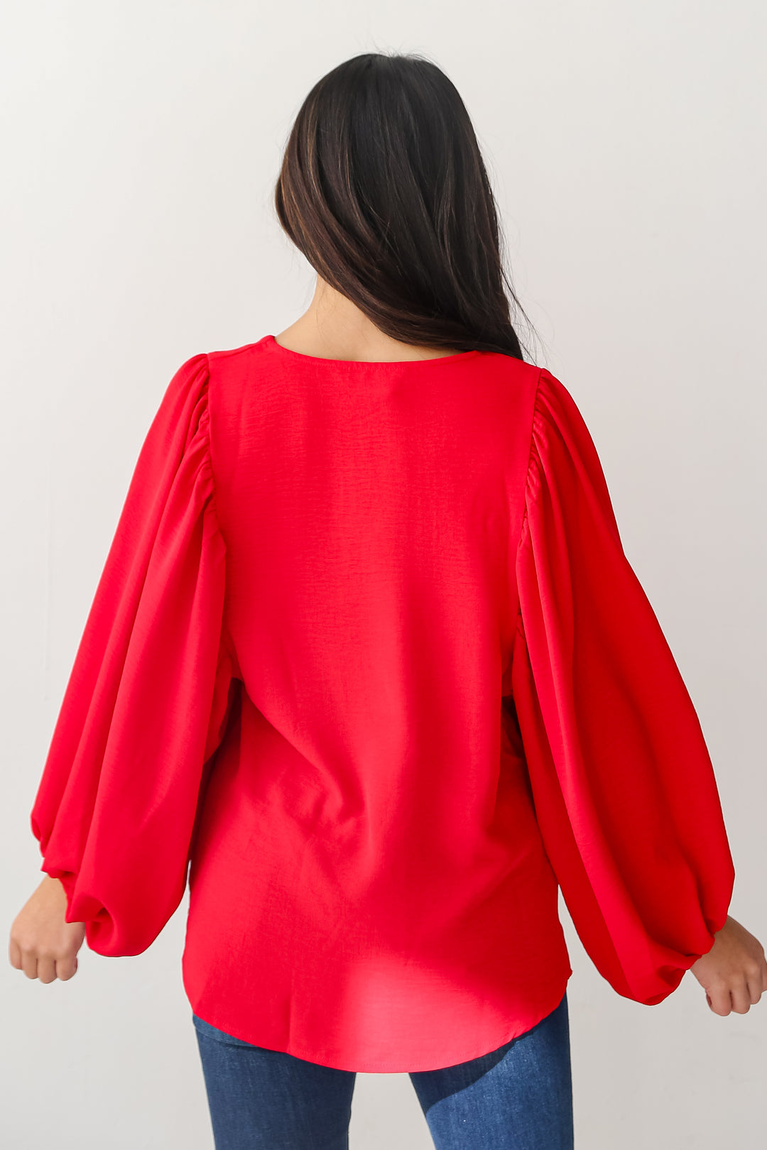 red Balloon Sleeve Blouse back view