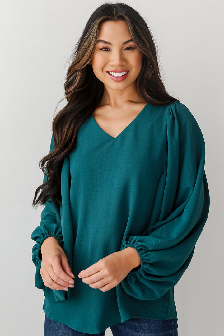 green Balloon Sleeve Blouse front view