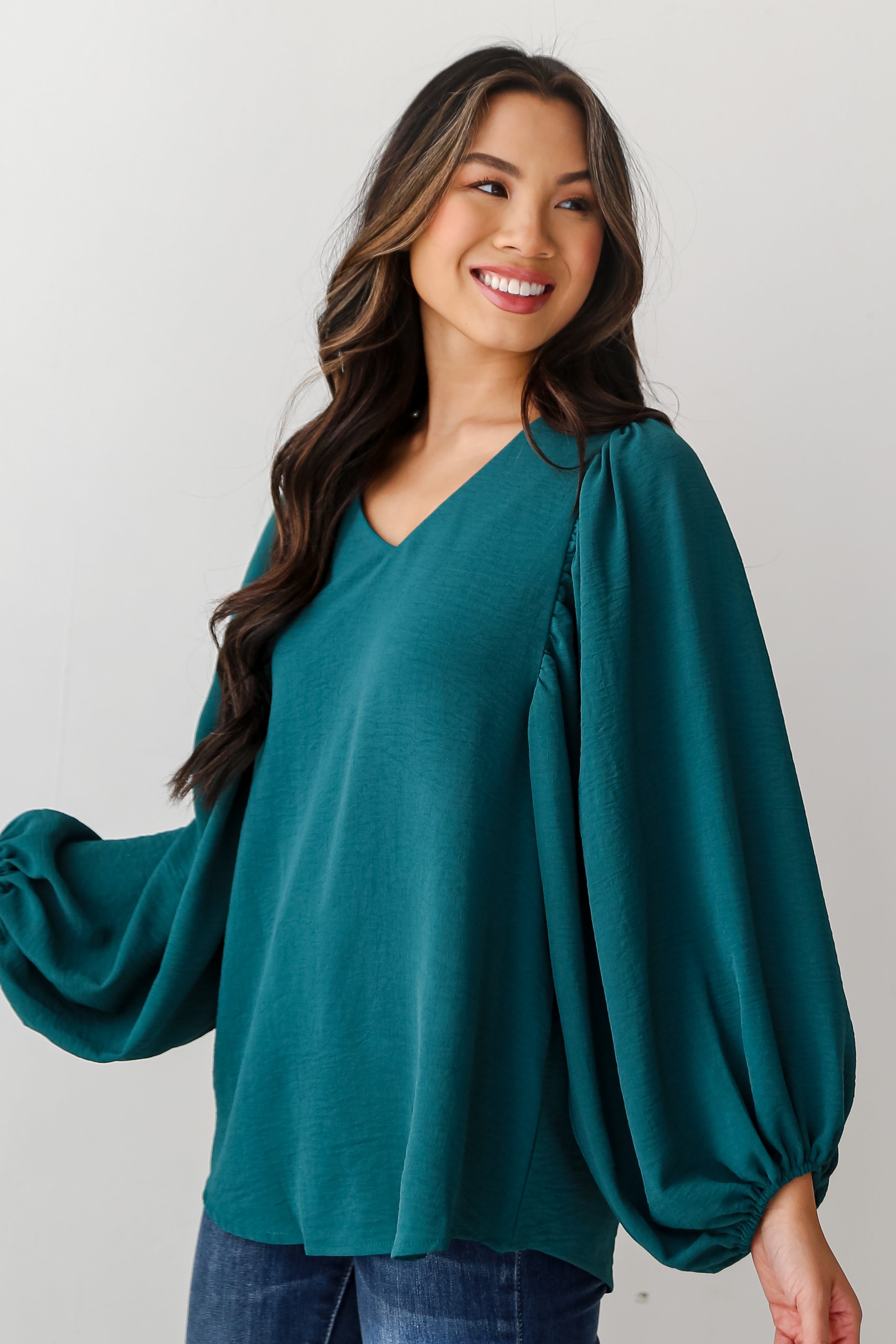 green Balloon Sleeve Blouse side view