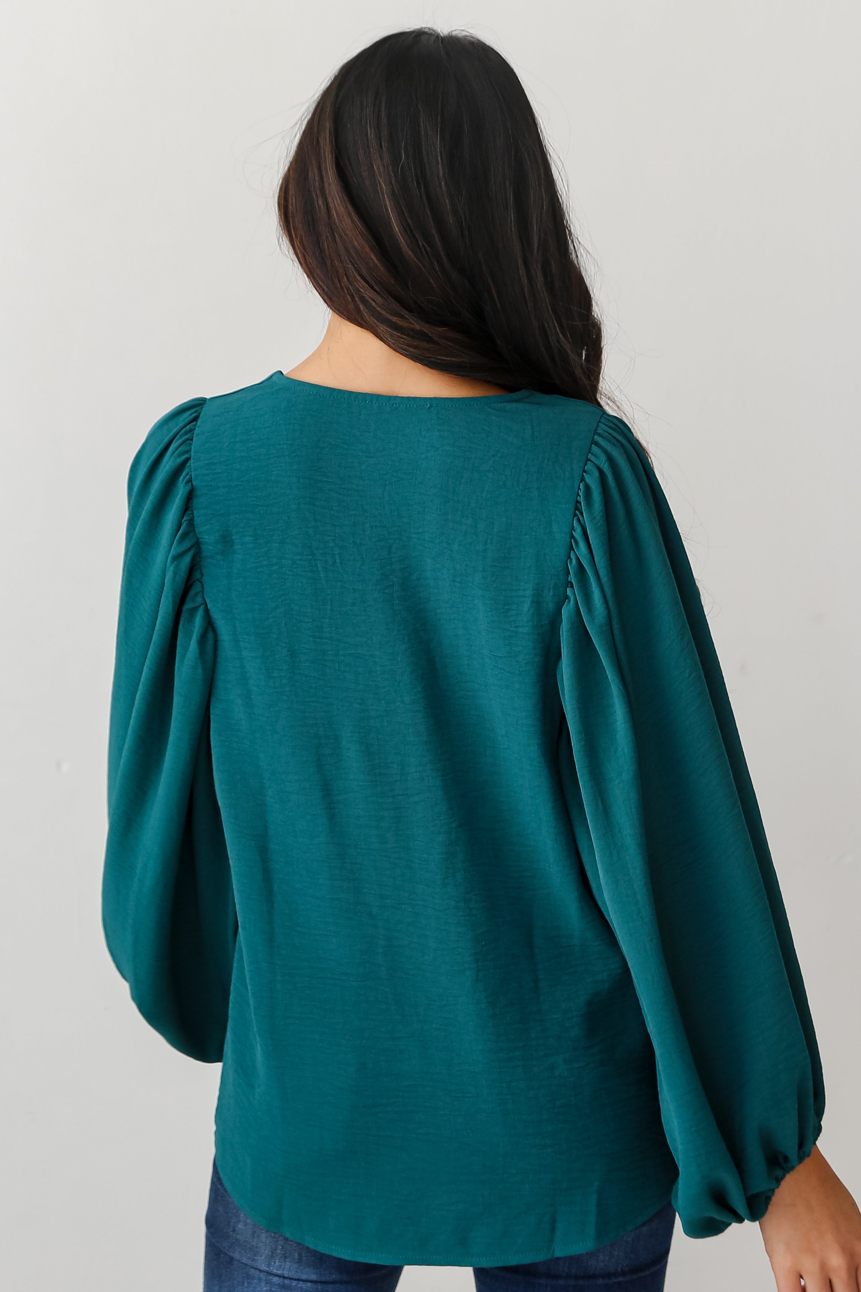 green Balloon Sleeve Blouse back view