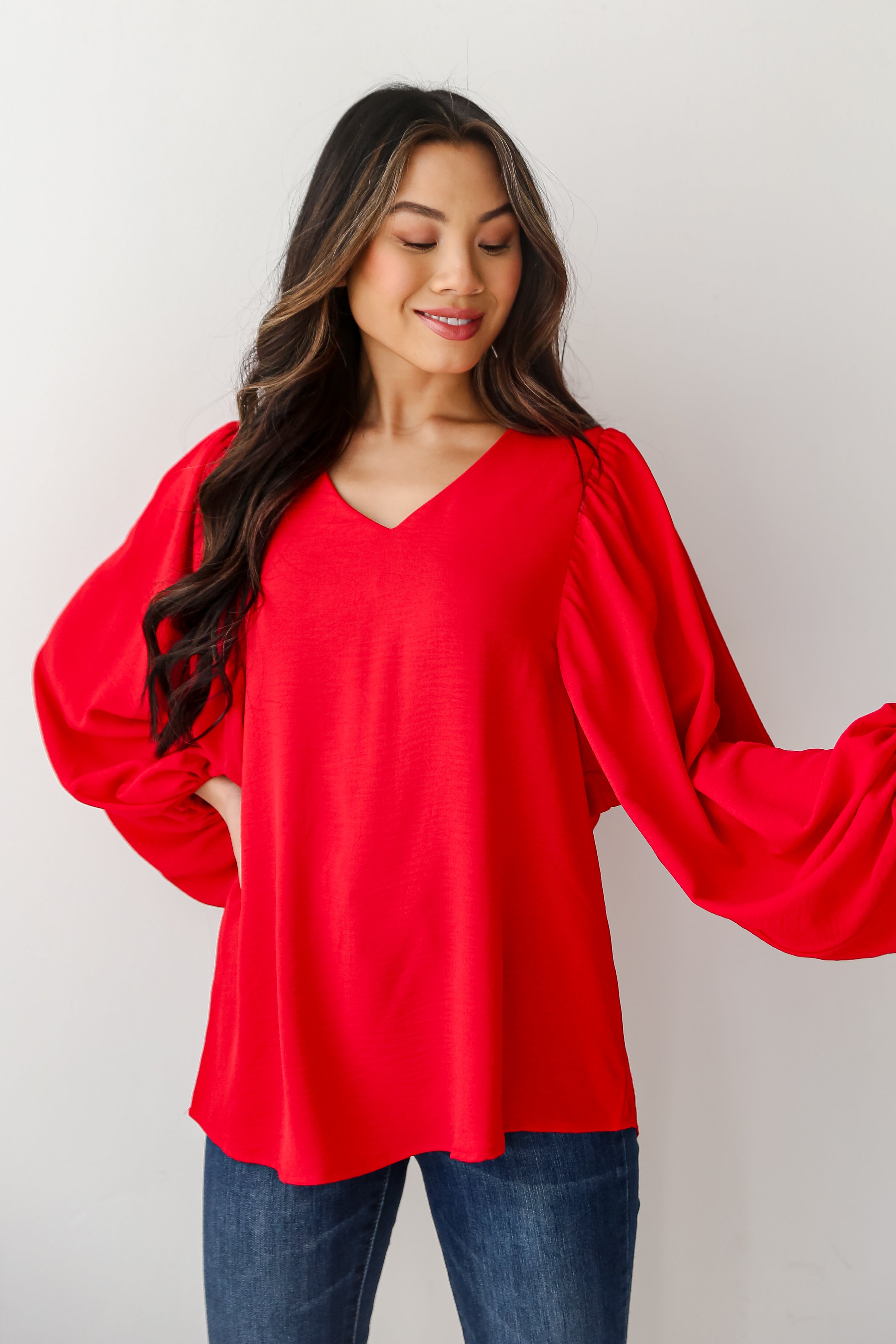 trendy red Balloon Sleeve Blouse