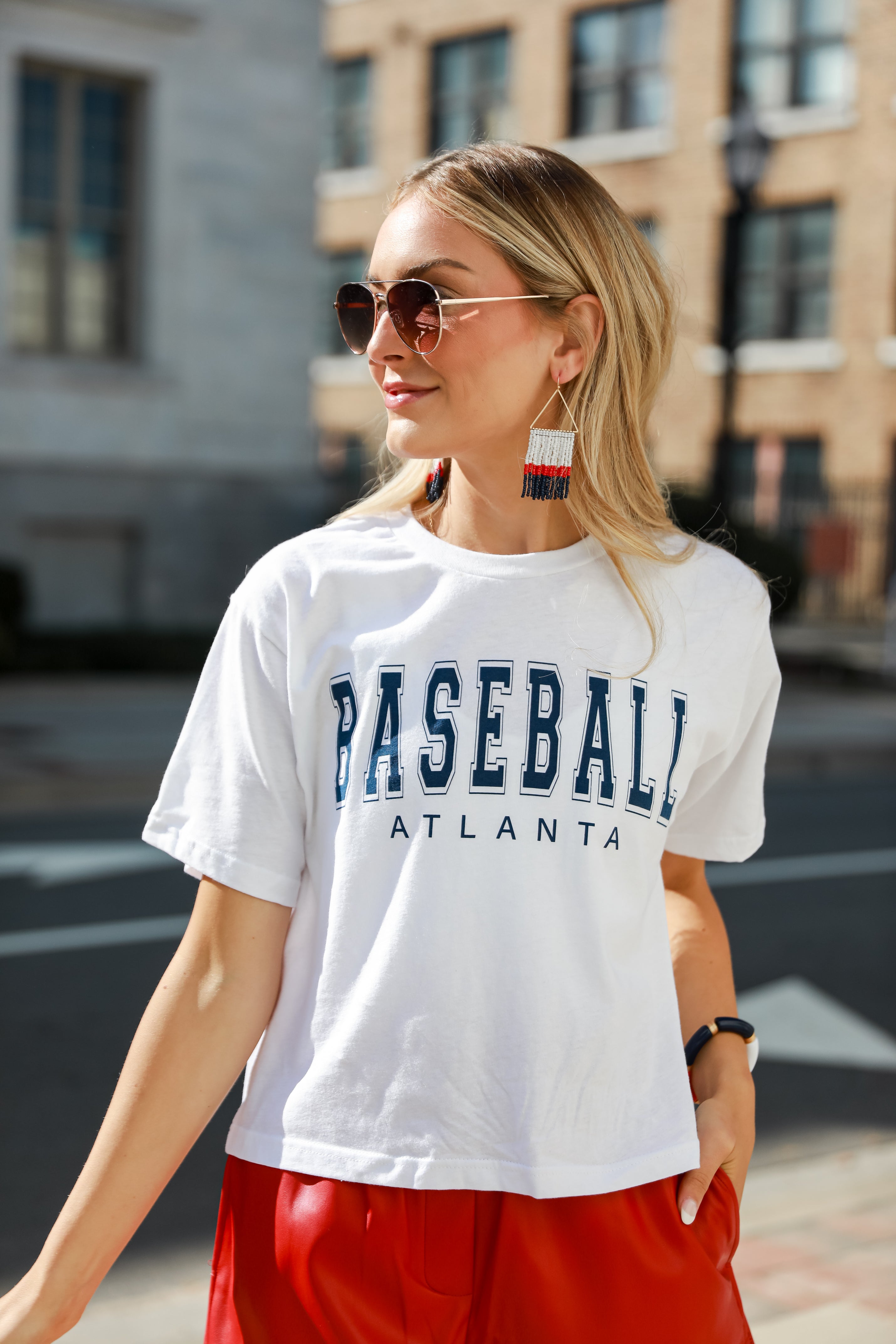 white Baseball Atlanta Cropped Tee on model