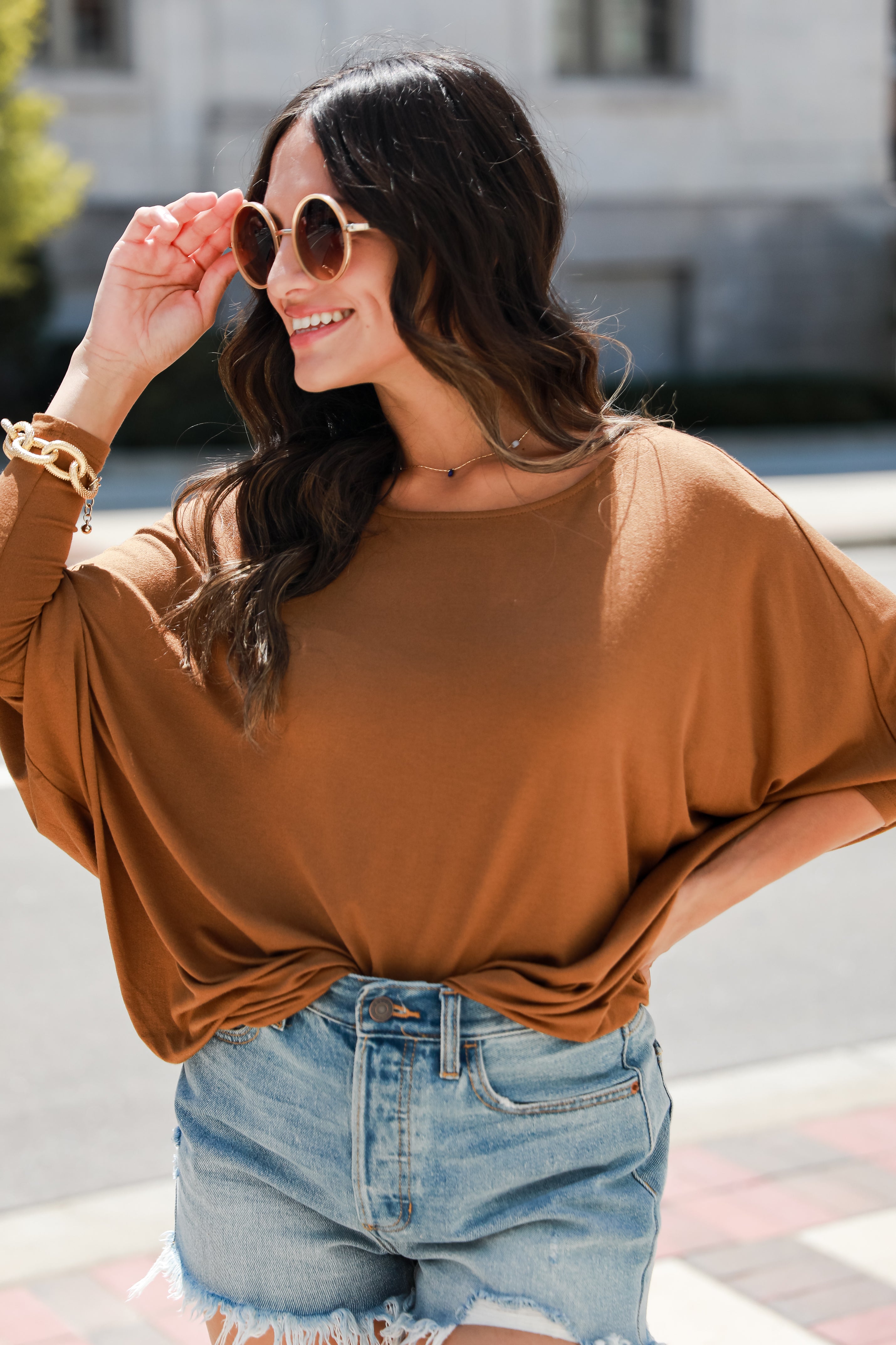 camel Oversized Top on model