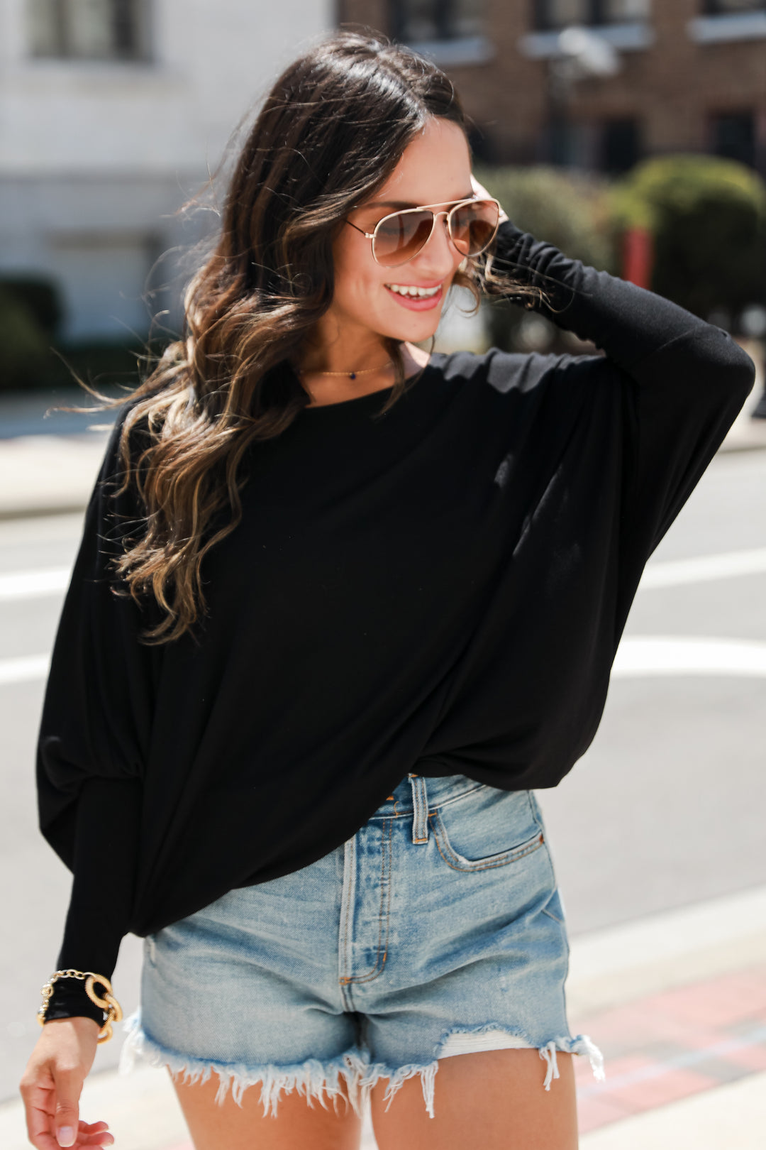 black Oversized Top on model