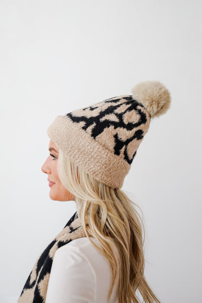 Fierce And Cozy Beige Leopard Pom Pom Beanie