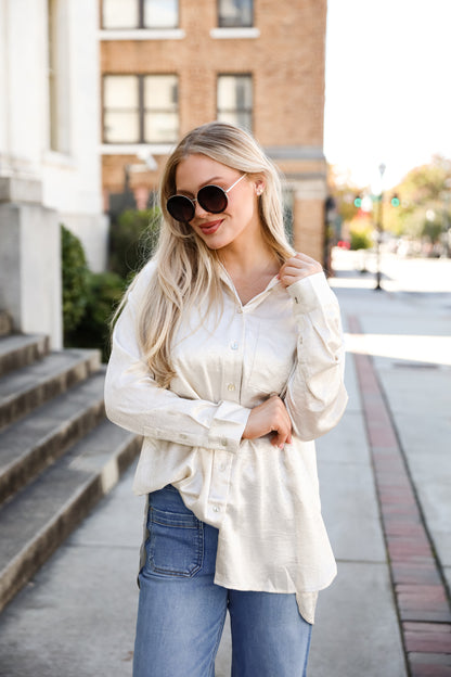 Radiant Mood Beige Metallic Button-Up Blouse