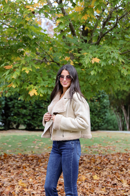 Sweetly Cozy Beige Sherpa Moto Jacket