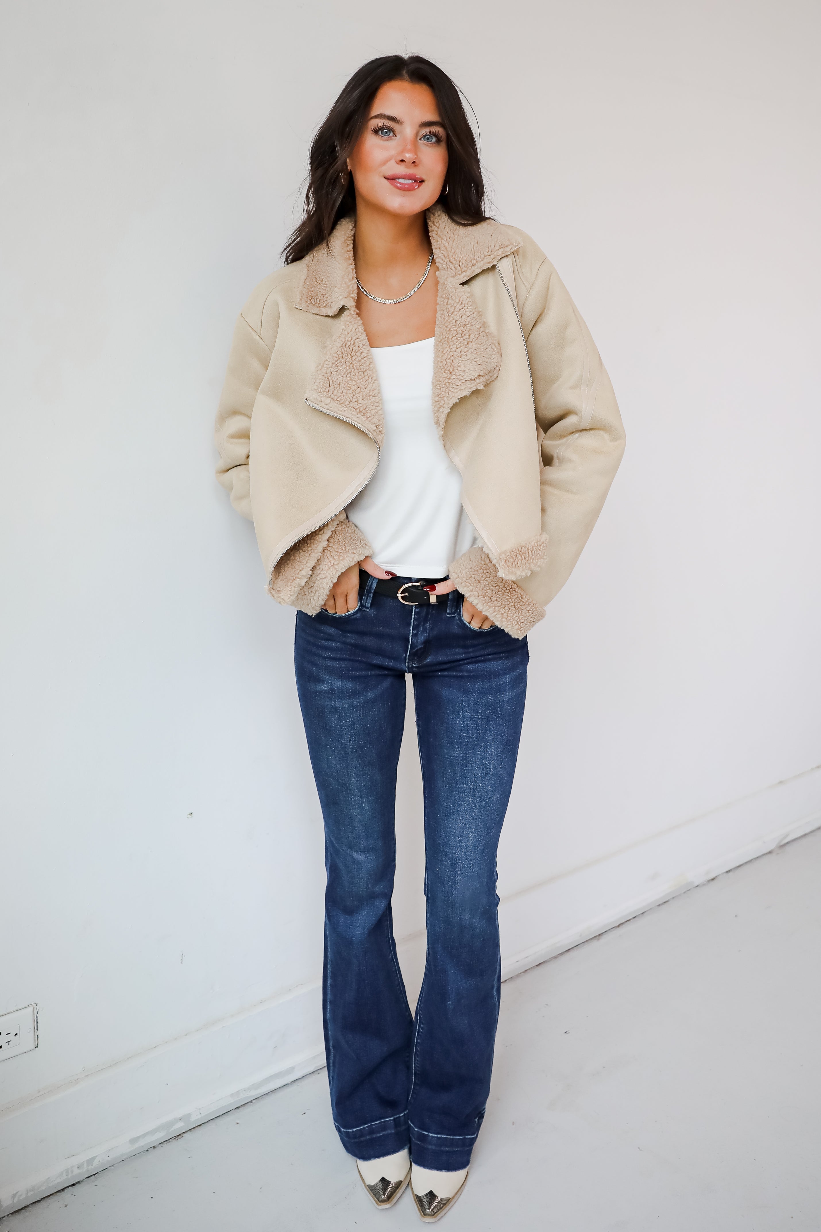 Sweetly Cozy Beige Sherpa Moto Jacket