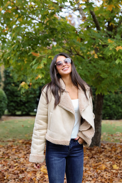 Sweetly Cozy Beige Sherpa Moto Jacket