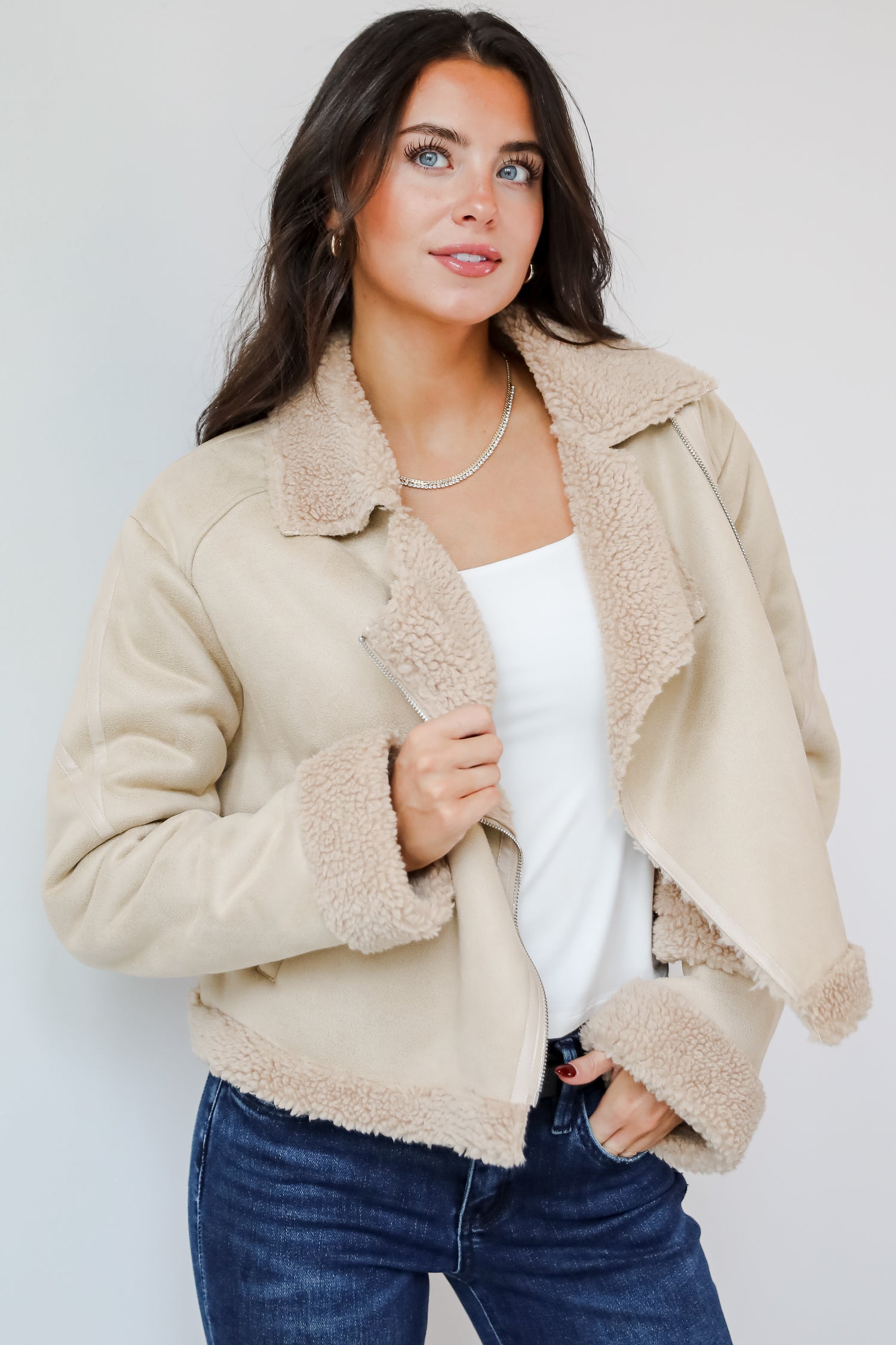 Sweetly Cozy Beige Sherpa Moto Jacket