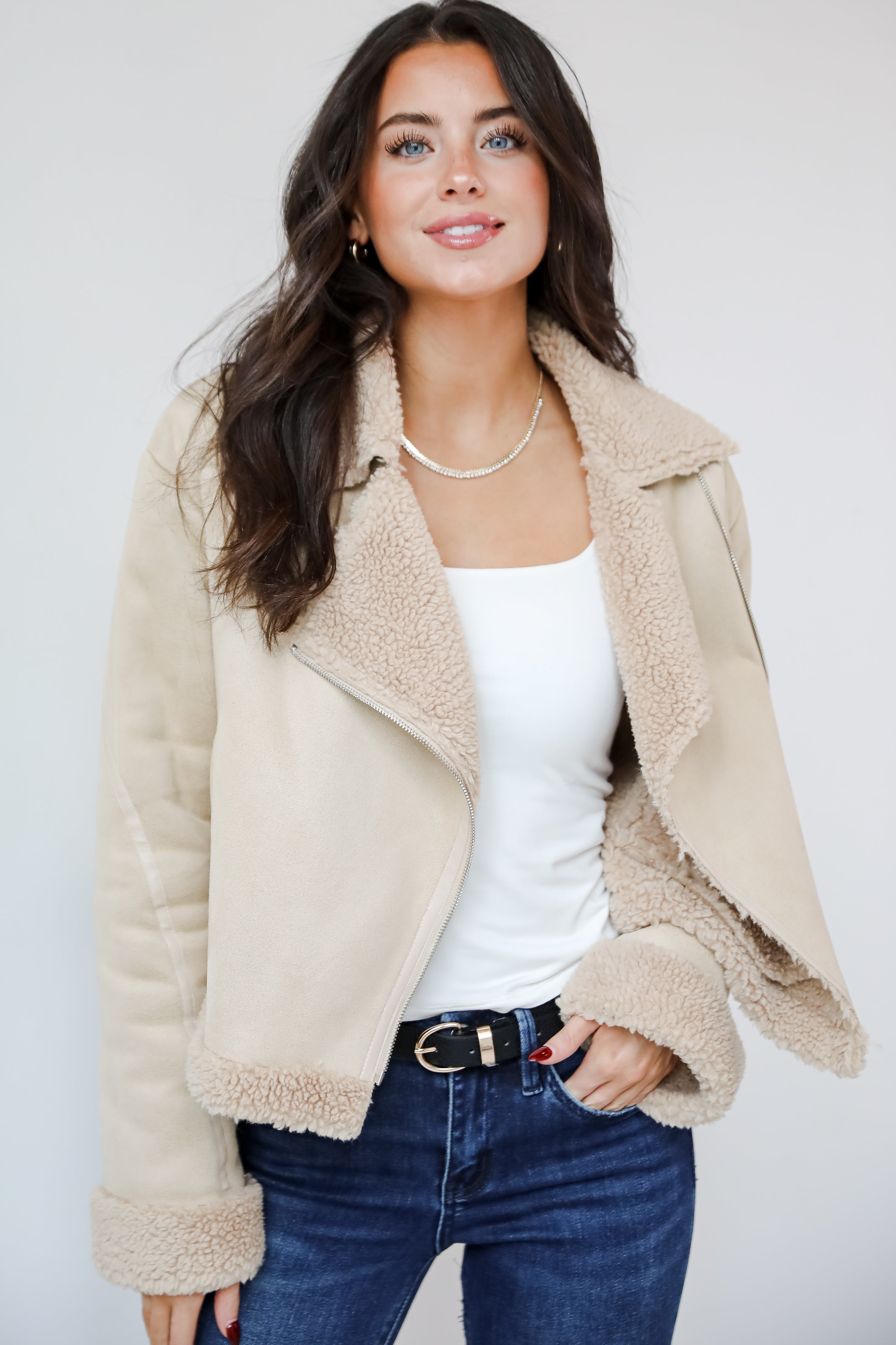 Sweetly Cozy Beige Sherpa Moto Jacket