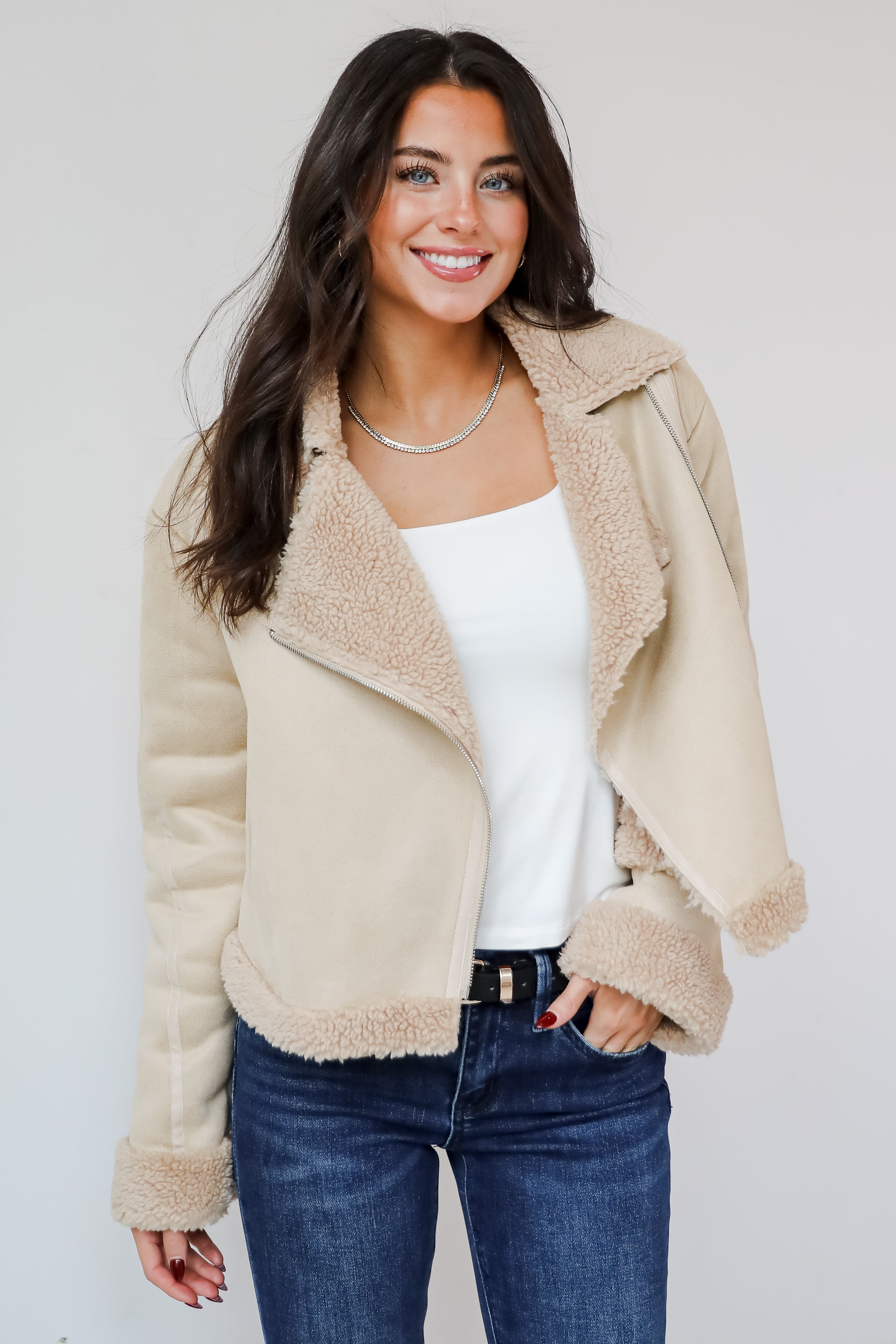 Sweetly Cozy Beige Sherpa Moto Jacket