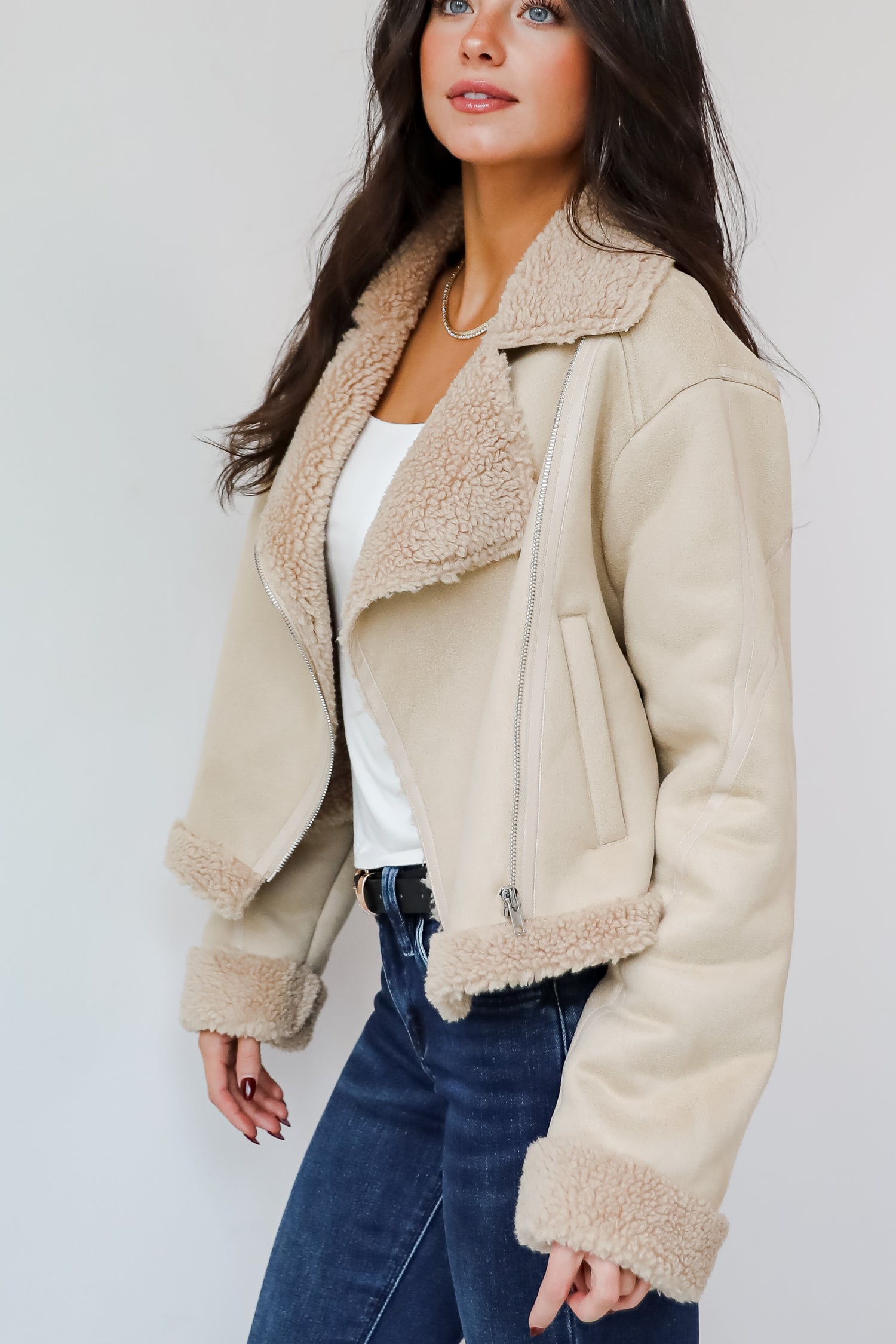 Sweetly Cozy Beige Sherpa Moto Jacket