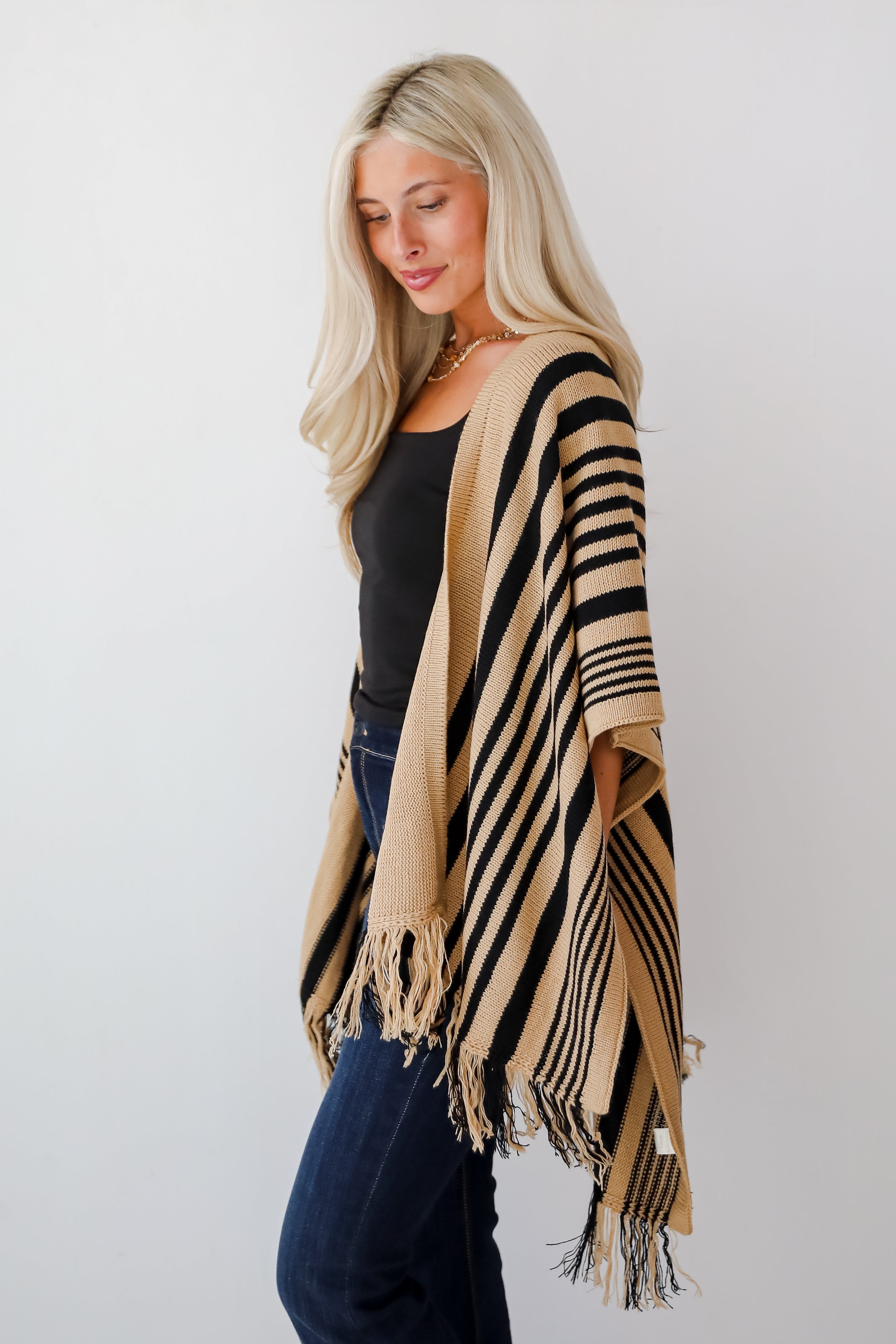 Comfy Concept Beige Striped Fringe Kimono