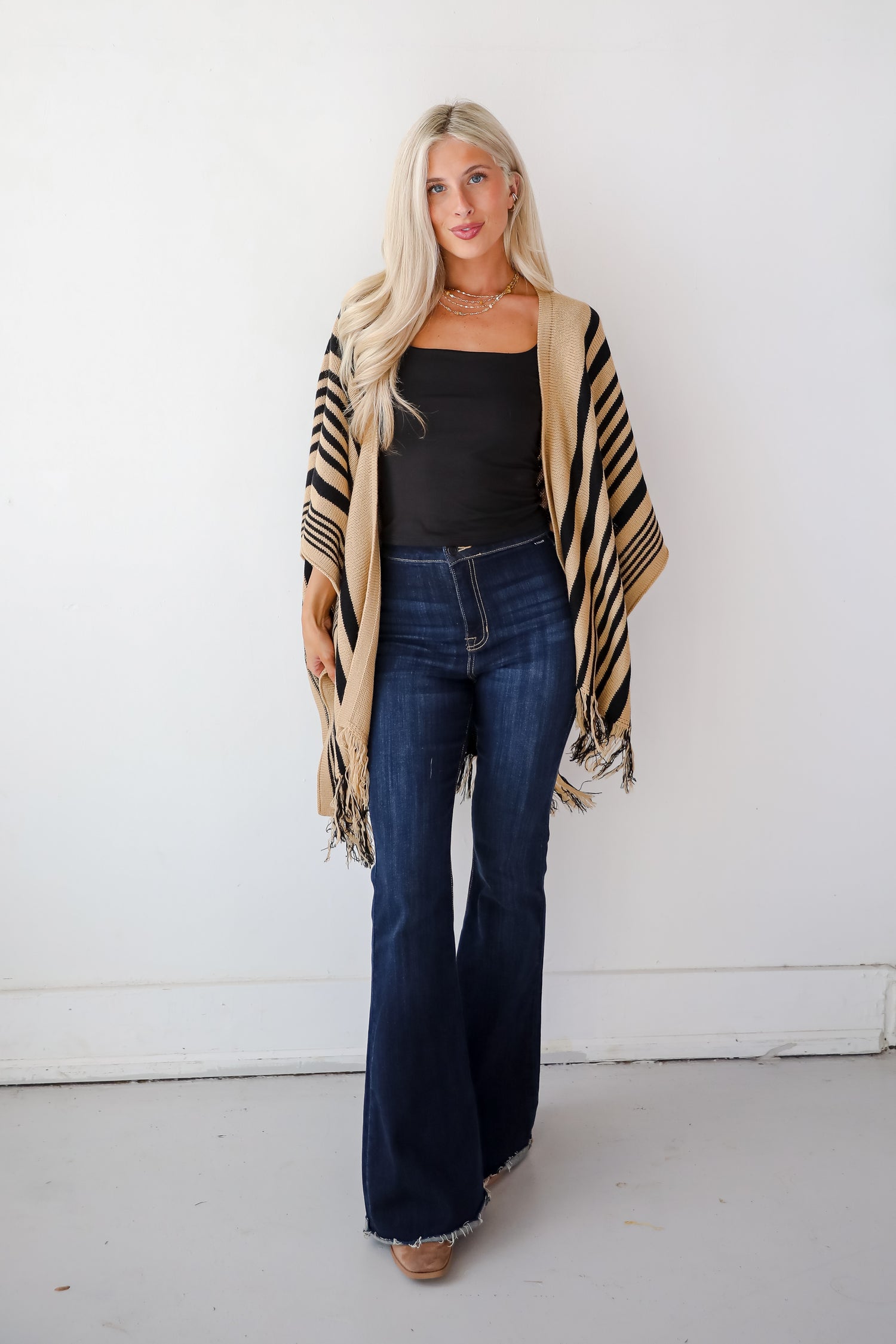 Comfy Concept Beige Striped Fringe Kimono