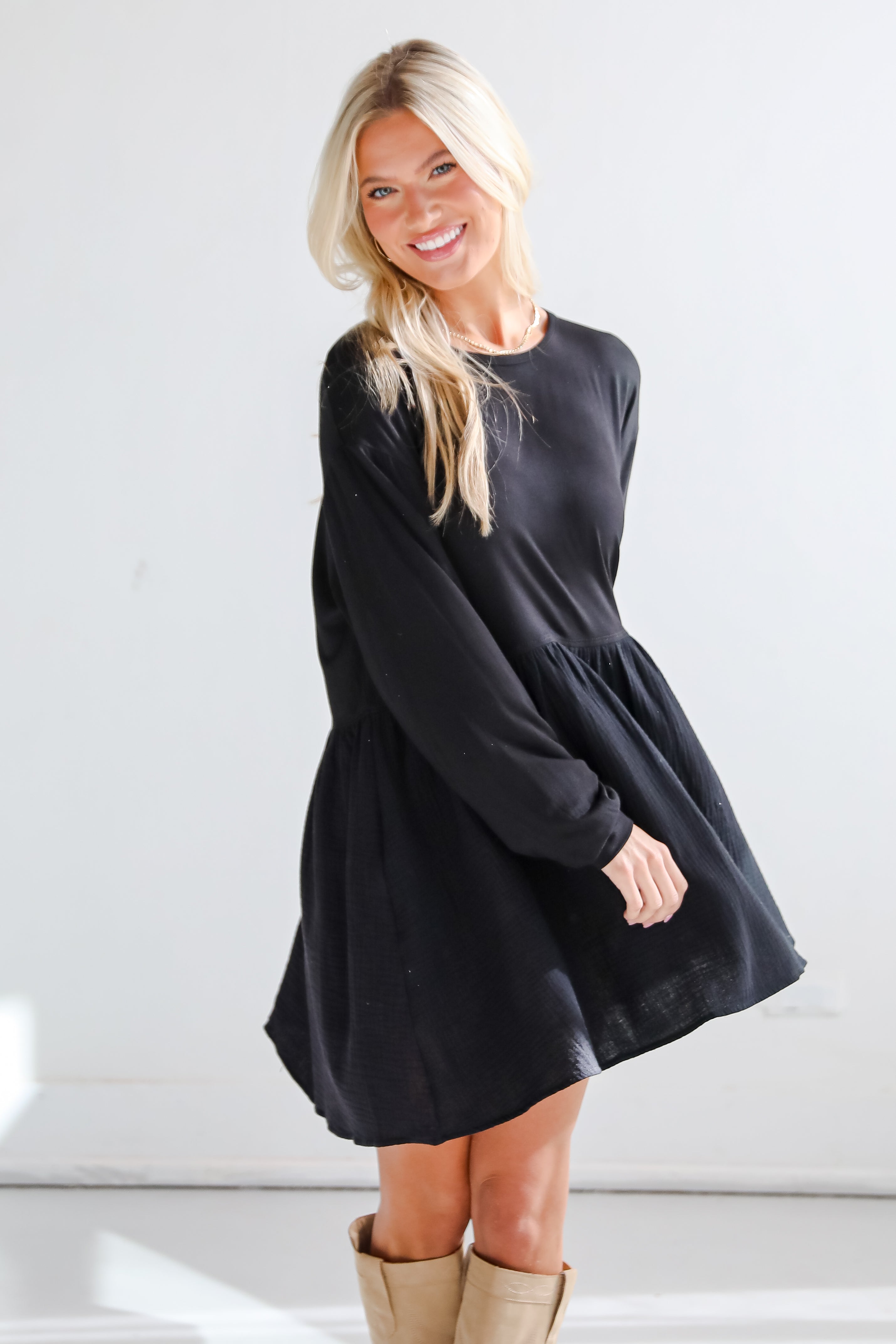 Cutest Persuasion Black Linen Contrast Babydoll Mini Dress